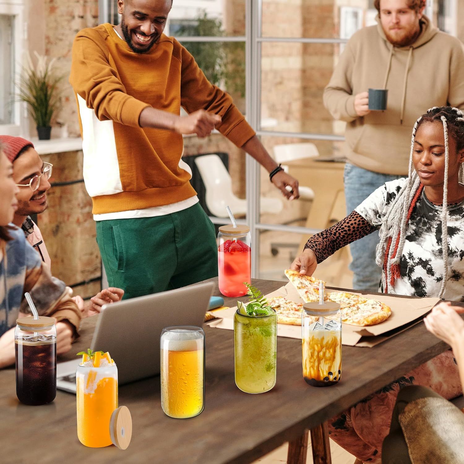 Drinking Glasses with Bamboo Lids and Glass Straw,16Oz Can Shaped Glass Cups, Beer Glasses, Iced Coffee Cups, Clear Glass Tumbler with Straw, for Cocktail, Whiskey, Gift Set(6 Pack) image number 1