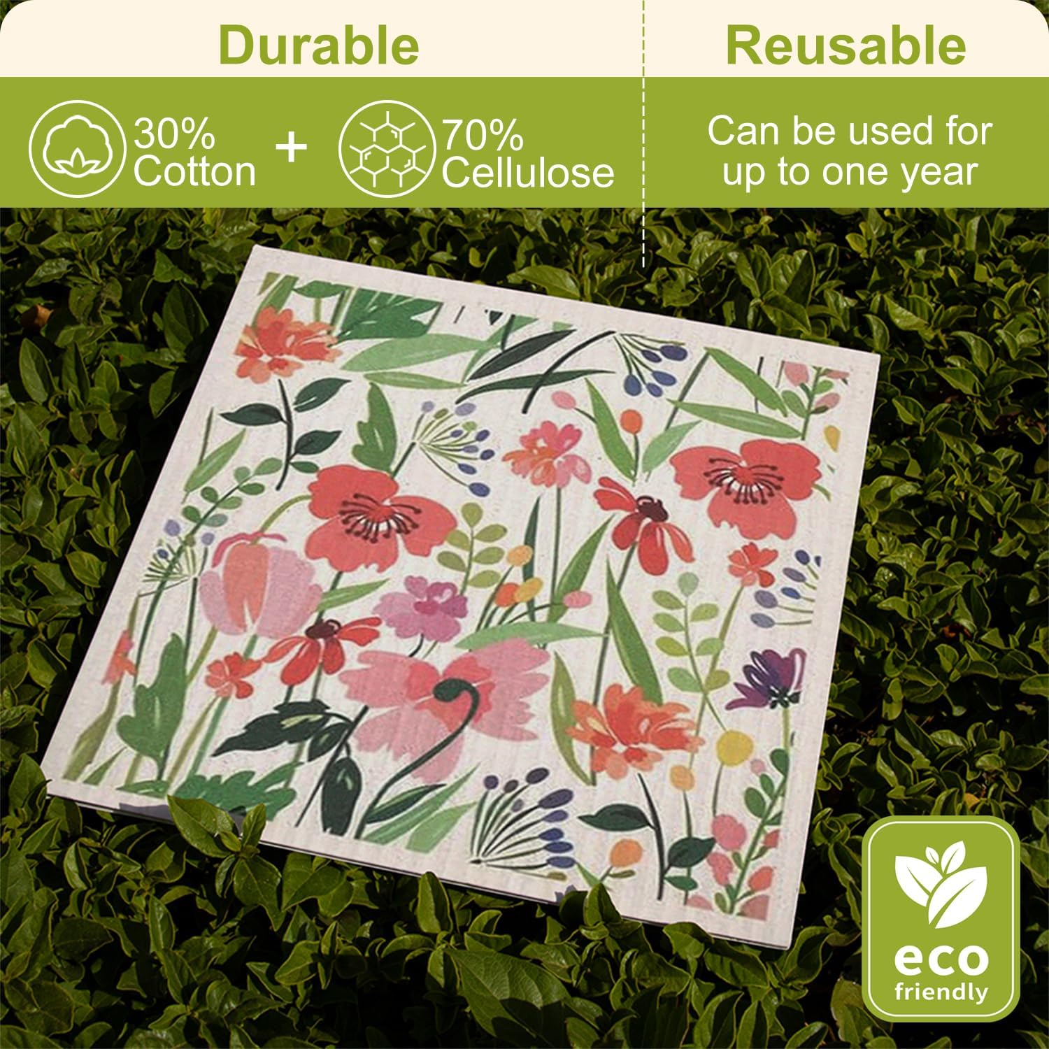 Three Oaks Set of 6 Kitchen Scandi Flower Floral Meadow Daisy Peony Swedish Dishcloths Cleaning Cloths Towels Absorbent Quick Drying Dish for Counter Wipes image number 1