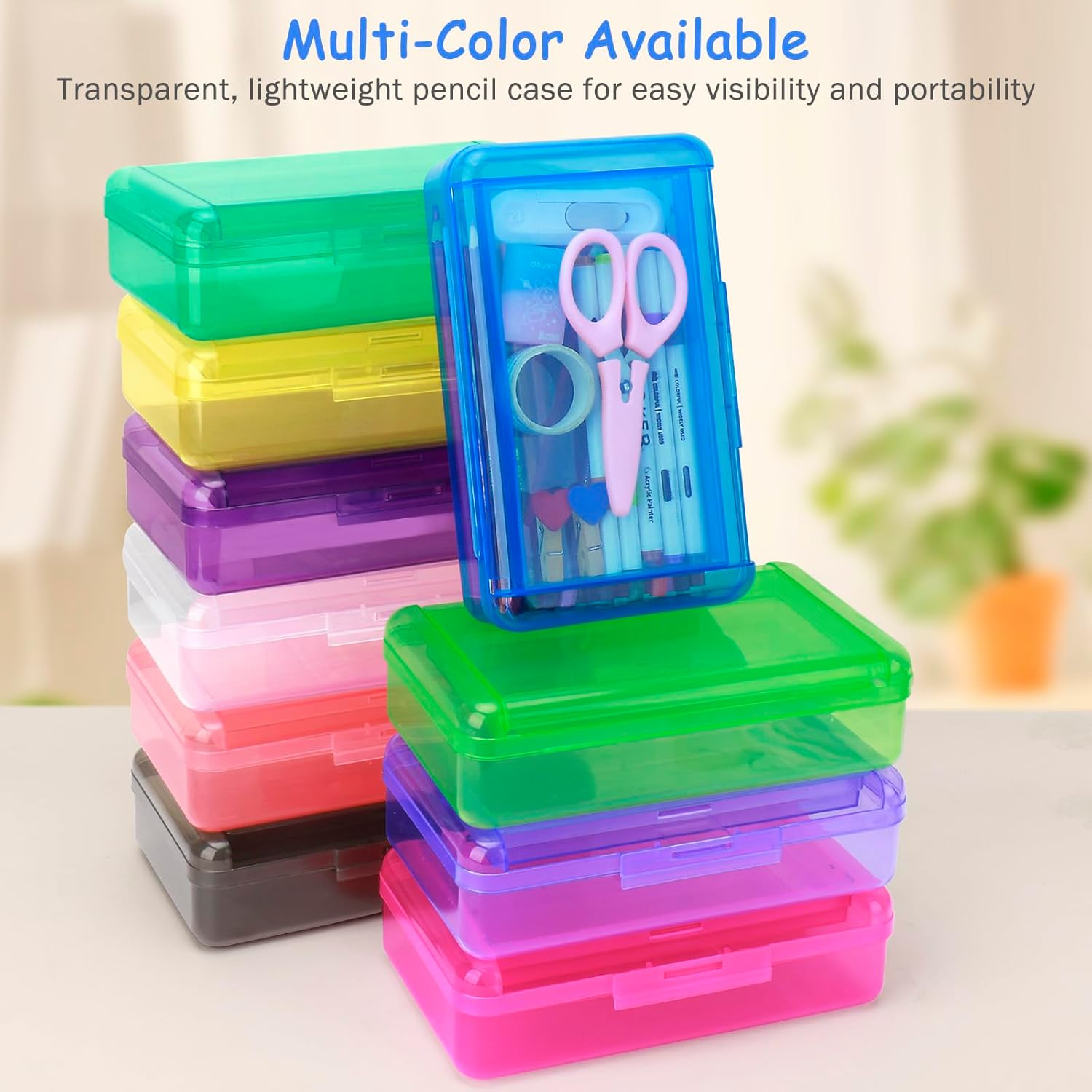 Nuozme Double Layer Large Capacity Pencil Box,Plastic Translucent Pencil Box, Hard Pencil Cases with Snap-Tight Lid for Pens, Pencils, School Supplies,Office Supplies, Medium-Sized,1 Pack - Clear image number 5