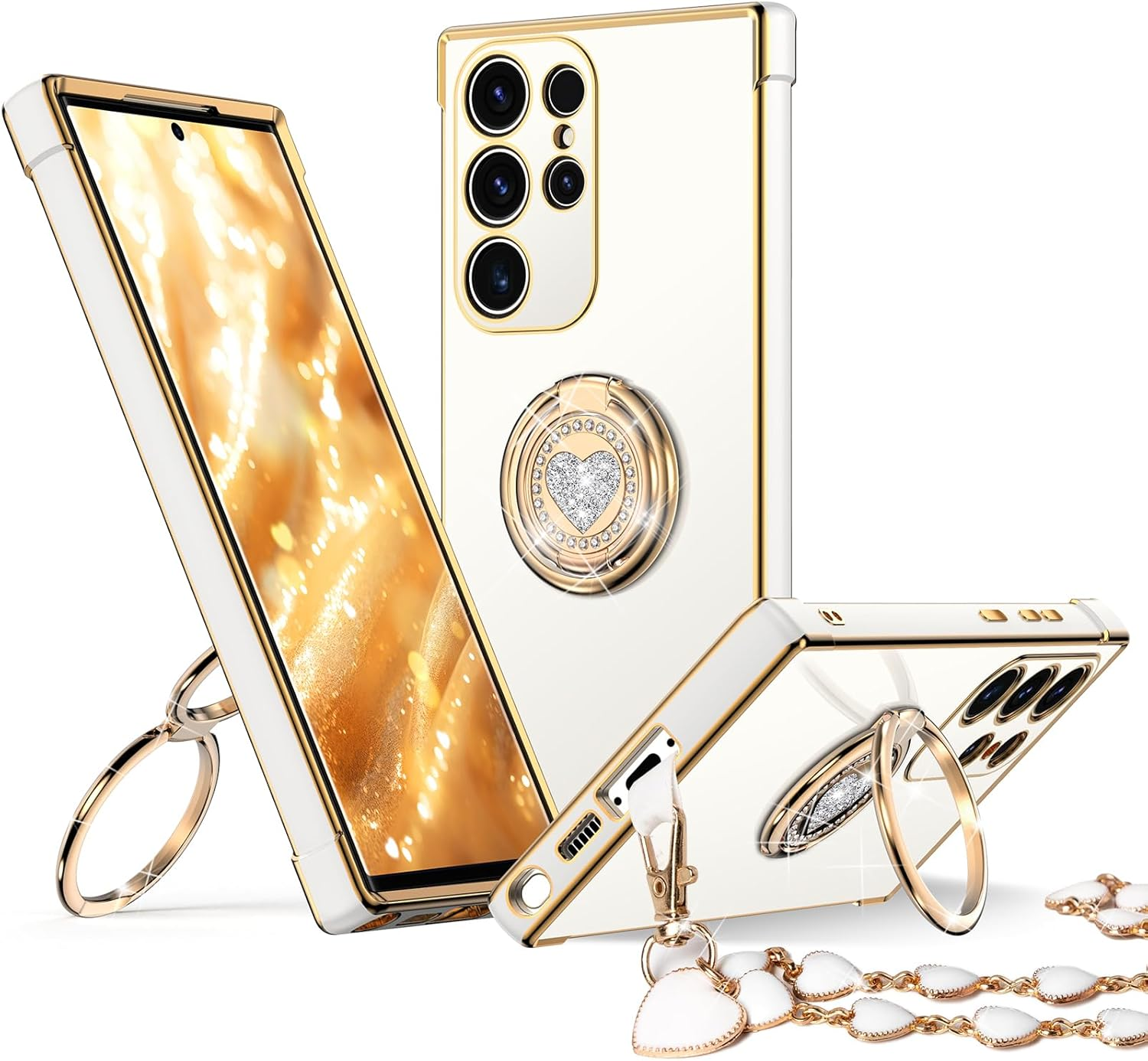 XYZ for Galaxy S25 Ultra Case with Stand, for Samsung Galaxy S25 Ultra Case with Double Ring Kickstand, Women Girls Cute Love-Heart Bling Luxury Protective Phone Case for Samsung S25 Ultra, White image number 6