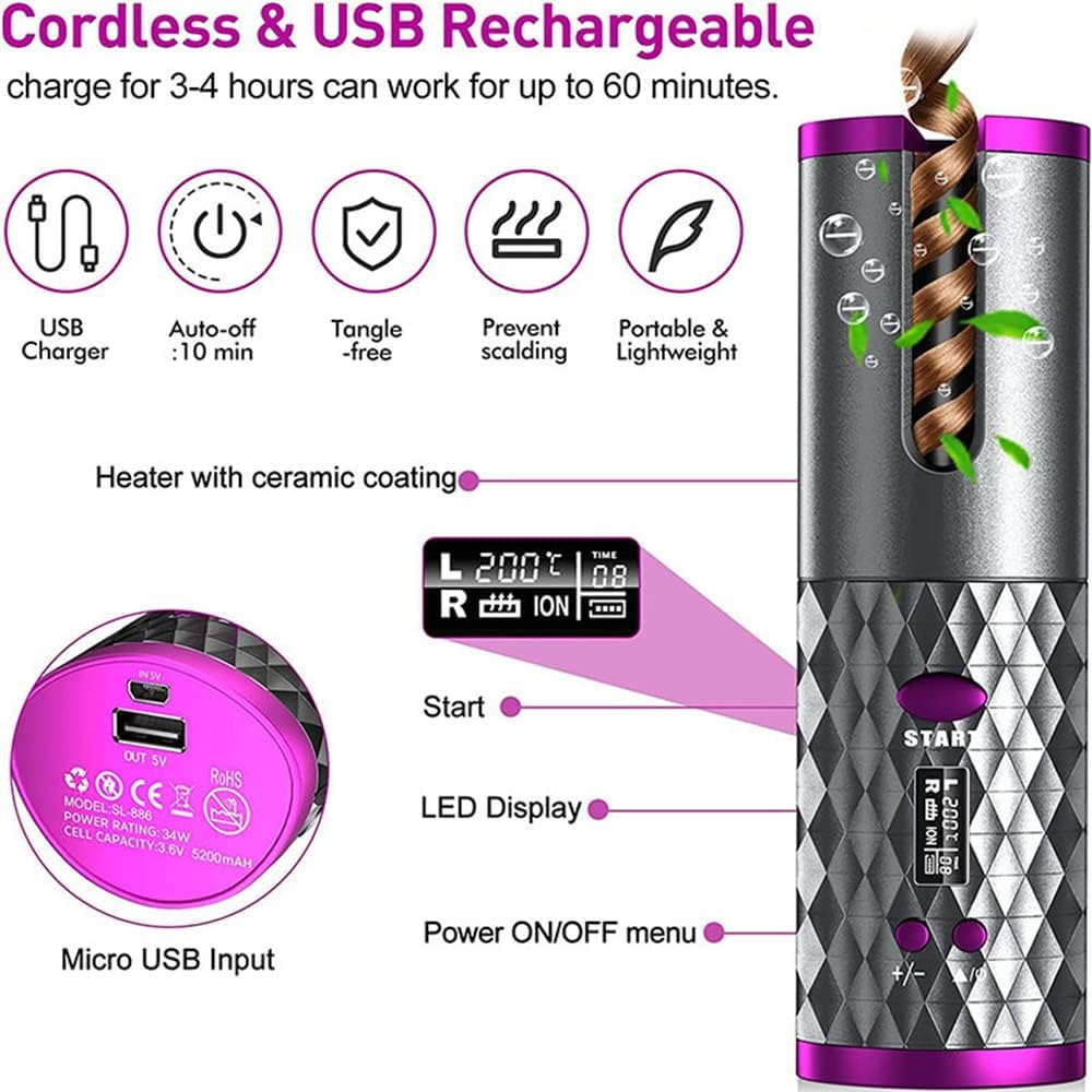 Automatic Hair Curler, Cordless Hair Curler W/Lcd Display & Timer, Portable Wireless Curling Iron, USB Rechargeable Curling Wand, Fast Heating & Auto Shut Off image number 3