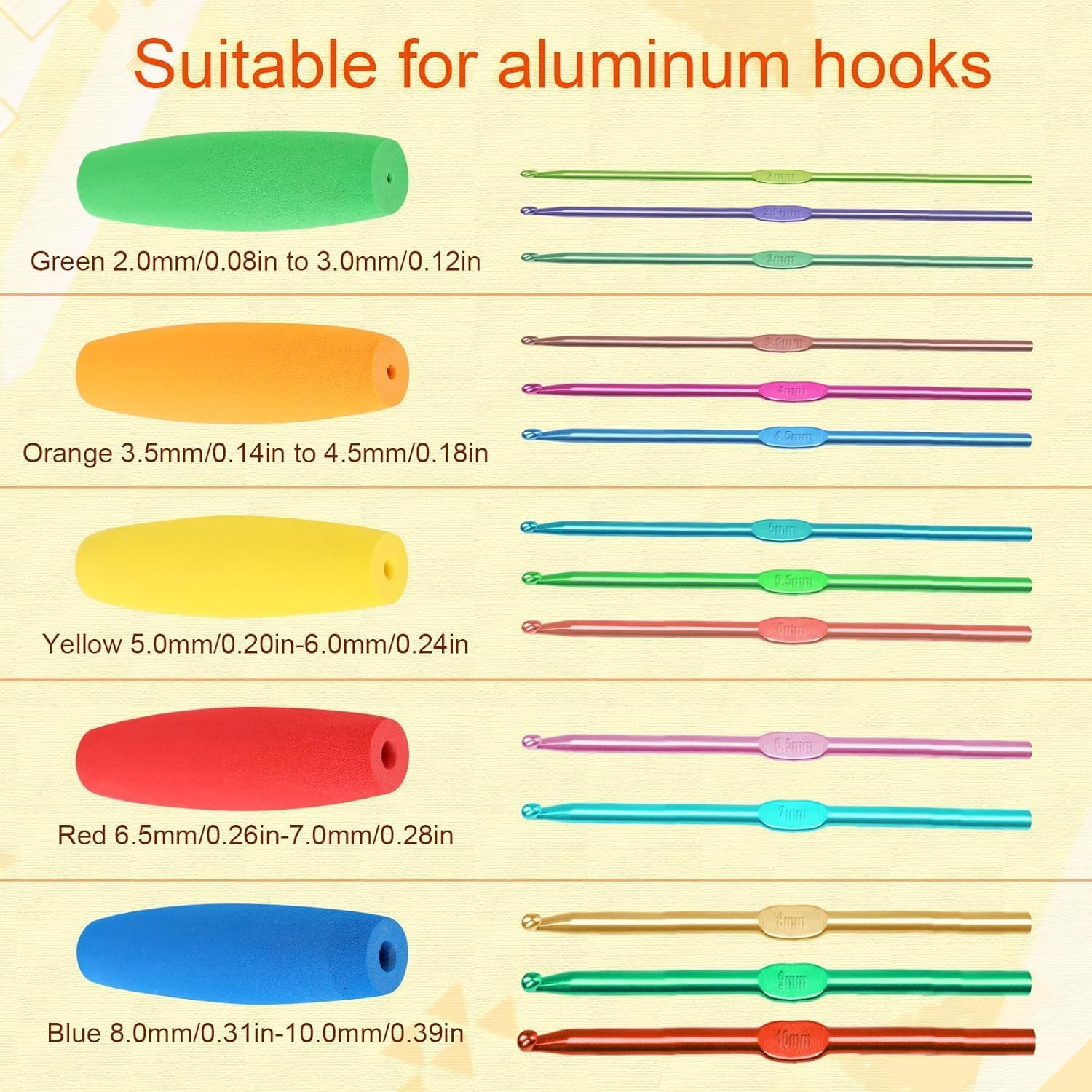 Linyongc EVA Crochet Hook Grips, 5Pcs Anti-Slip, Soft, Fits 2Mm-10Mm Hooks, Green, Orange, Yellow, Red, Blue image number 2