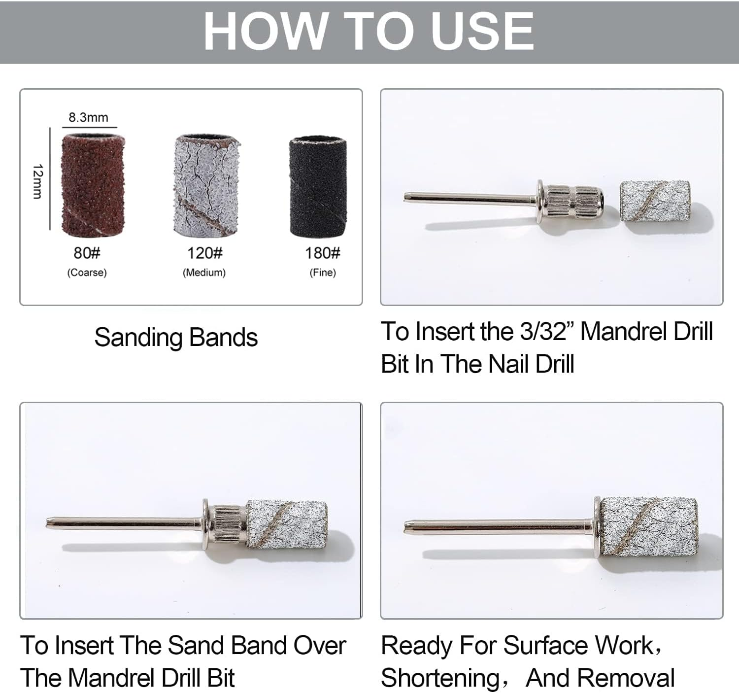 210Pcs Nail Sanding Bands Manicure Drill Set with Box Nail Drill Sanding Tape, 80/120 / 180 GRIT Nail Art Sanding Tape with 1Pcs 3/32 Inch Nail Drill Bit