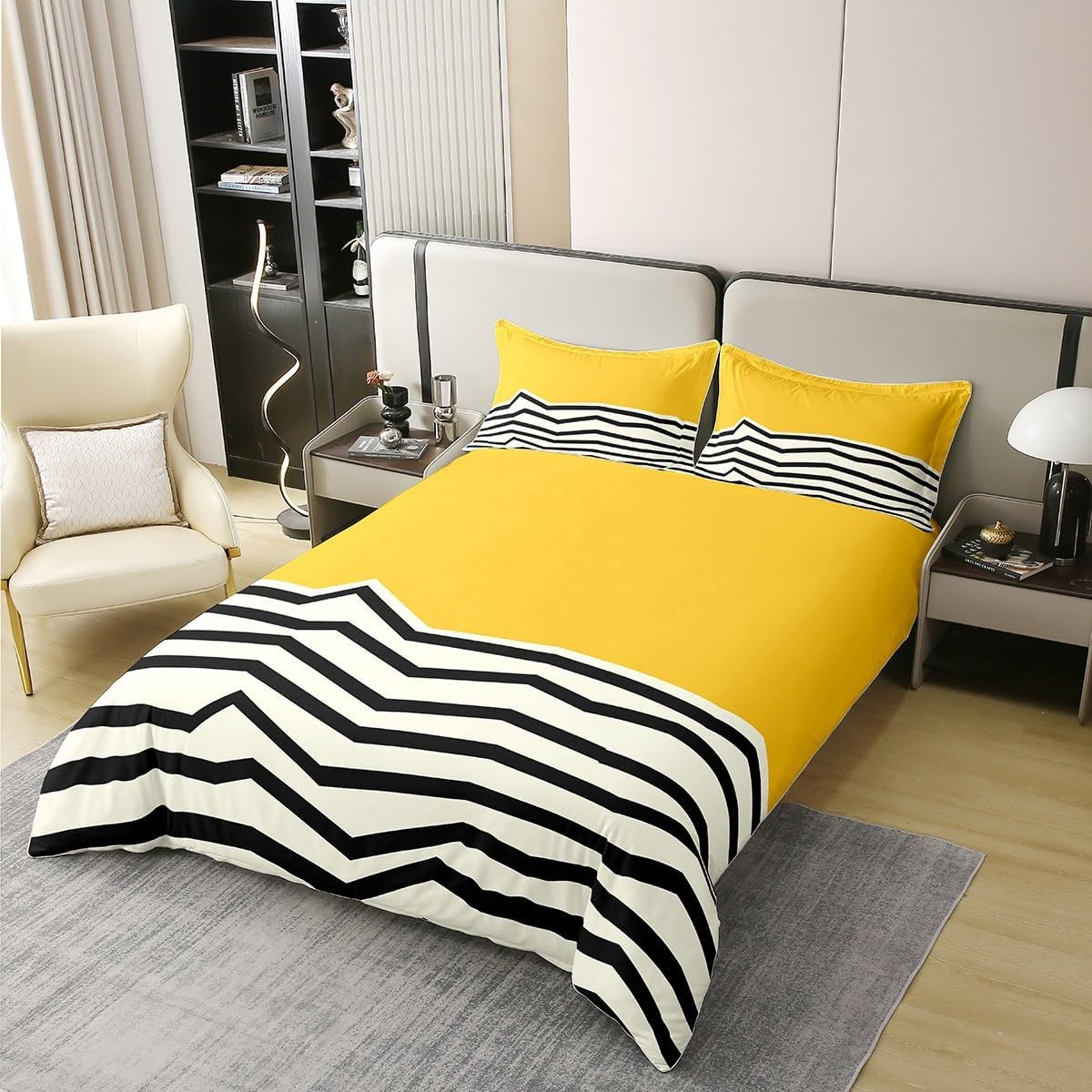 Geometric Minimalist 100% Cotton Duvet Cover 220 X 240 Cm for Children Adults Yellow Beige Bed Linen Set, Boho Simple Black Striped Comforter Cover, Modern Abstract Zigzag Lines Bed Set image number 5