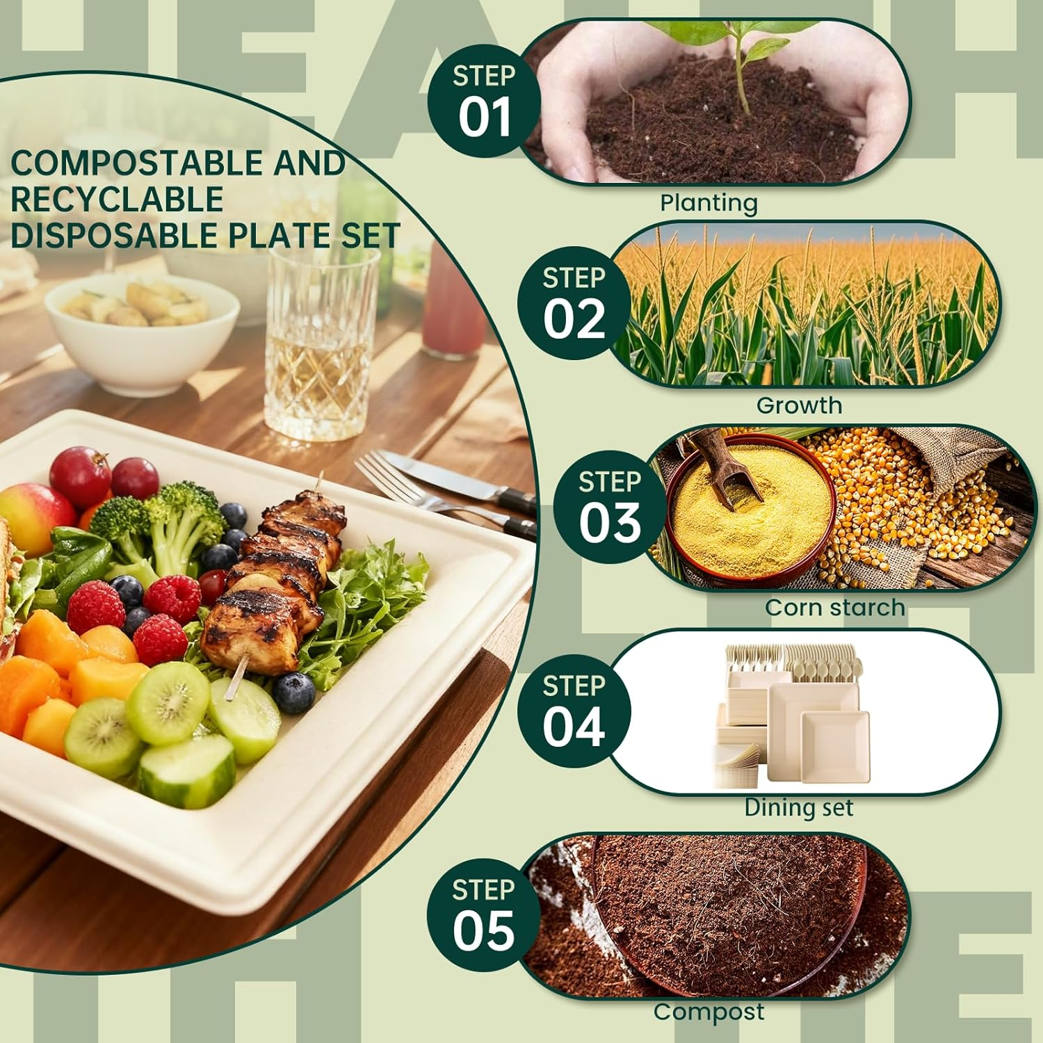 HEY BANK Disposable Paper Plates Set - 300 Pcs Party Plates Eco Friendly Dinnerware Set for 50 Guests - Biodegradable Plates, Forks, Knives, Spoons and Paper Napkins for Birthday, Camping, Wedding image number 4