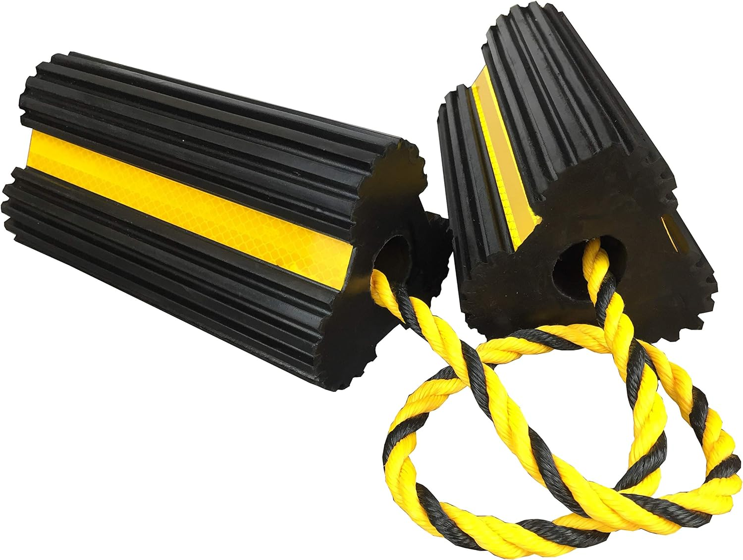 Heavy Duty Rubber Dual Wheel Chocks Front and Back, RV Leveling Blocks Non Slip Base with Nylon Rope Yellow Reflective Tape for Travel Trailers, Car, Camper, Truck 1 Pair image number 1