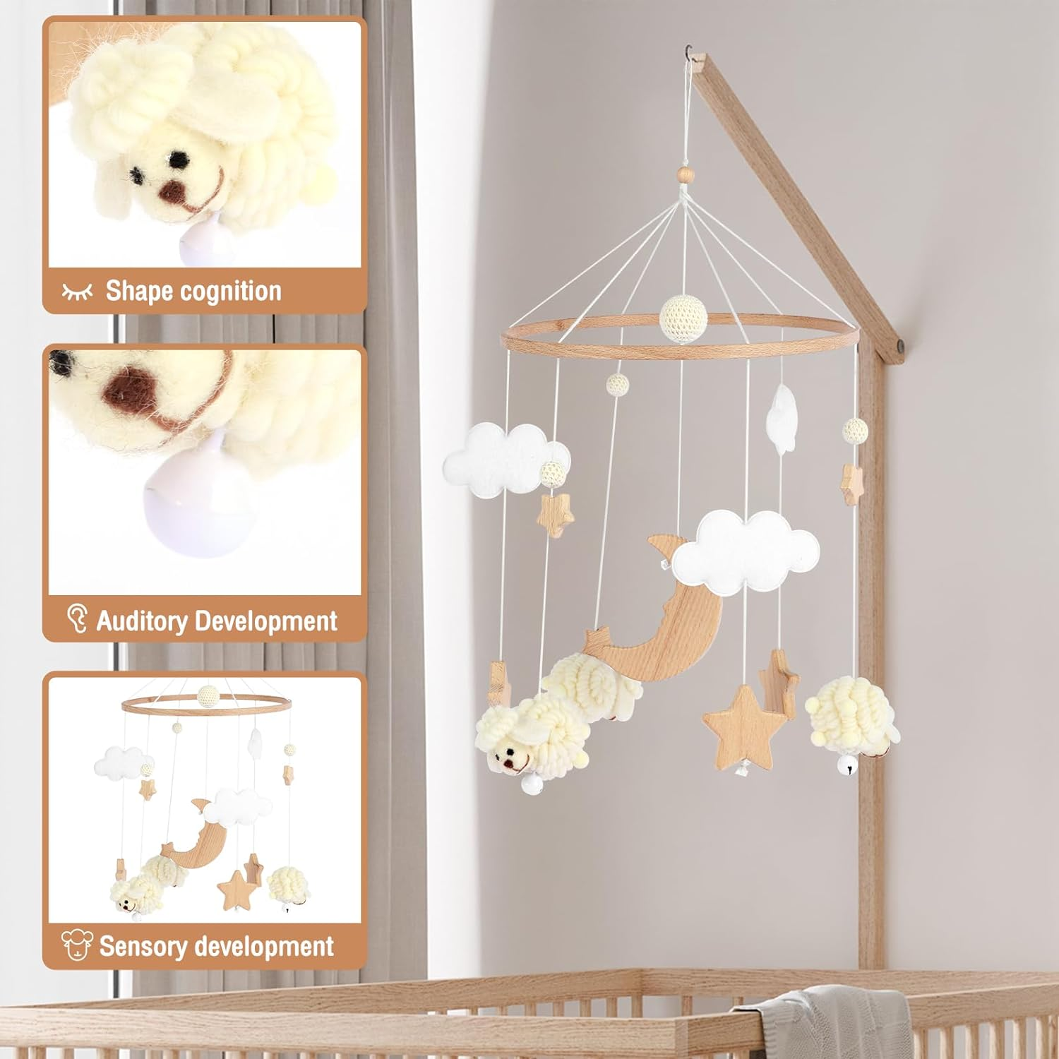 Baby Crib Mobile,0 to 3 Years Old Baby Wooden Baby Nursery Mobile Star Moon Sheep Baby Bed Bell Cute Bedroom Hanging Ornament Baby Crib Nursery Decoration for Boys Girls (B) image number 2