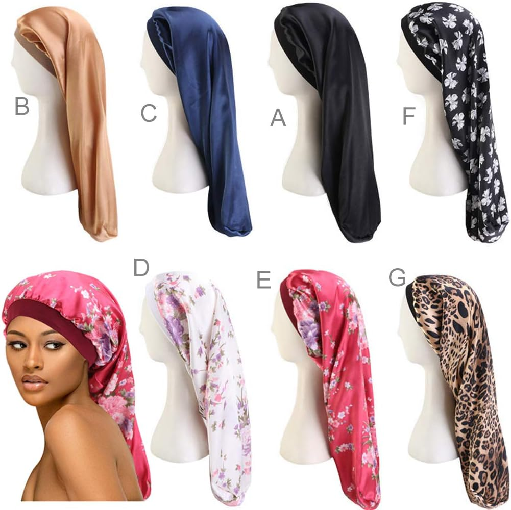 COMVIP Women Elastic Wide Band Extra Long Bonnet Sleeping Head Cover D: White image number 4