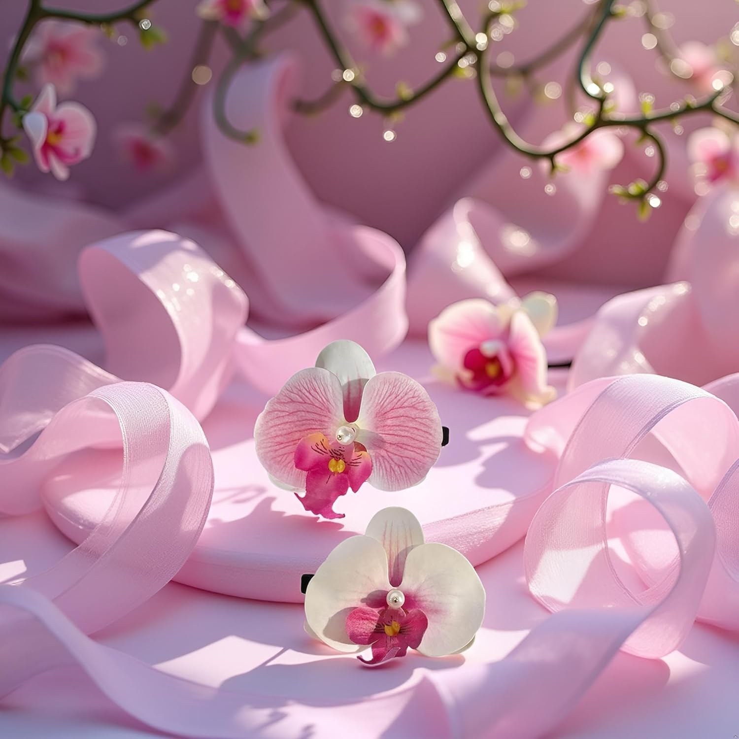 2Pcs Pink Floral Hairpin Orchids Women Girls Flower Hair Clip Elegant Bohemias Bridals Hair Decorations Stage Hair Clip Hair Pins Hair Styling Accessories image number 2