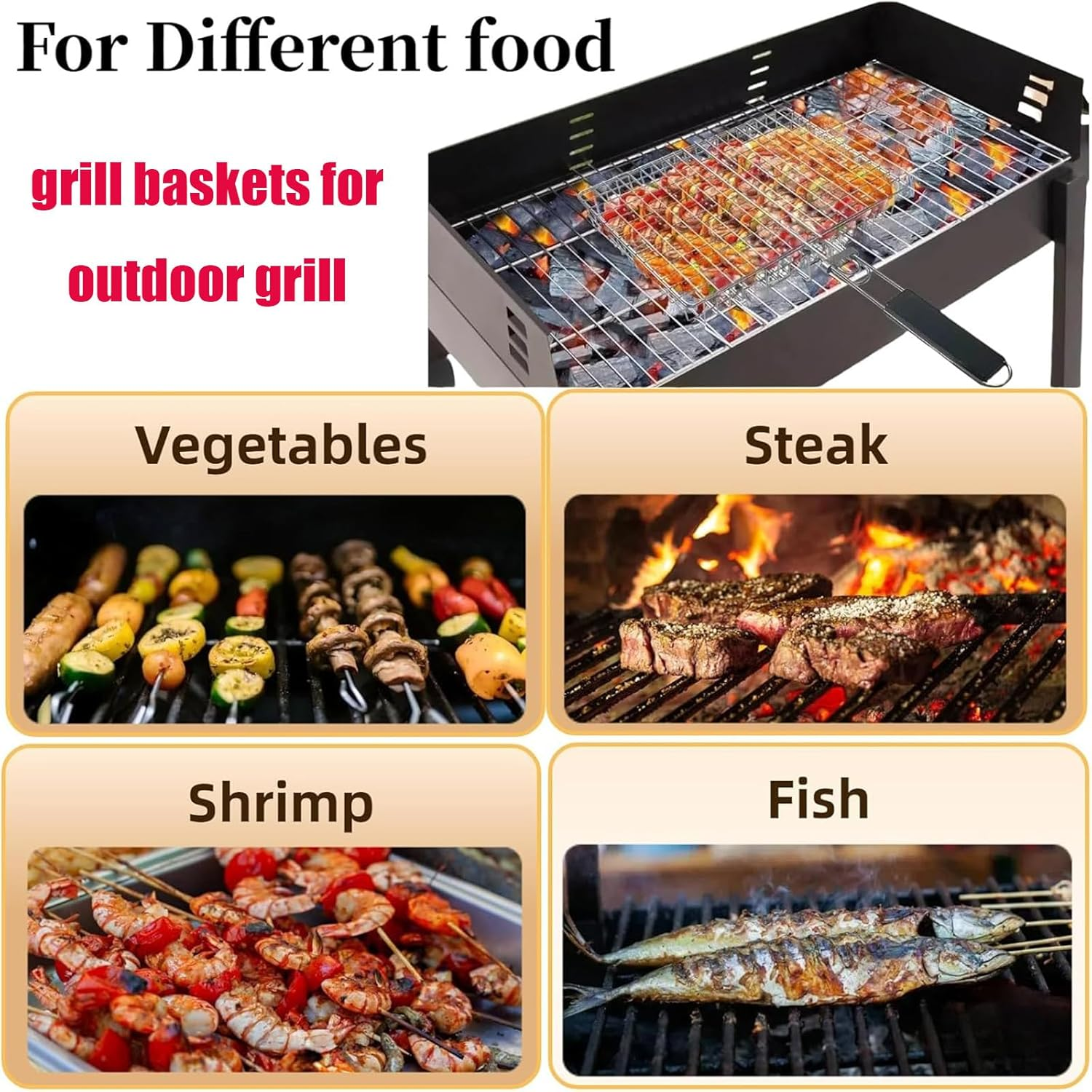 CHONYI Grill Basket Extra Large,Barbecue Accessories,Stainless Steel BBQ Grill Basket Portable Camping Grilling Rack with Removable Handle for Fish,Vegetables,Grilling Gifts for Men, Dad (32*23*4CM) image number 3