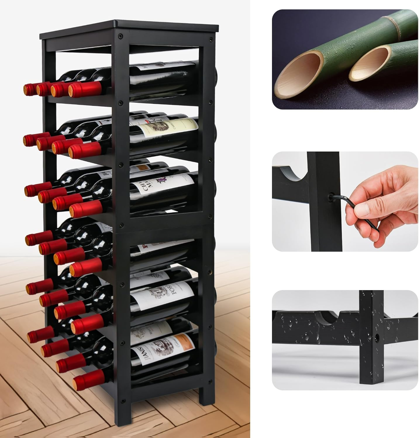 VASMIA Wine Rack for 24 Bottles, Bottle Rack with 6 Levels, Bamboo Wine Stand for Cellar, Bar and Kitchen, Living Room, Bottle Rack 41 X 24 X 81 Cm, Black image number 7