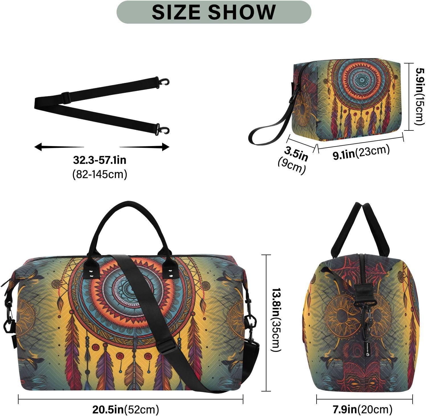 XYMZR Large Travel Duffel Bag, Dreamcatcher Sports Tote Gym Bag, Shoulder Weekender Overnight Bag for Women Men, Carry on Luggage with Toiletry Bags, Multi-Colored, Multi-Colored image number 2