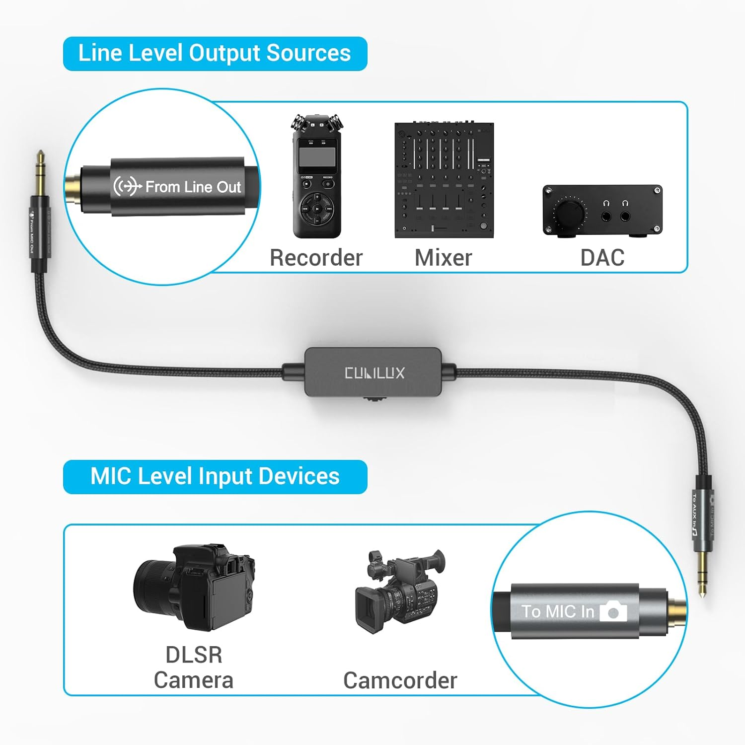 Cubilux 3.5Mm Line Level to Microphone Level Attenuator Cable, 1/8-Inch TRS Line Out to MIC in Attenuation Cord for DSLR Camera Camcorder Recorder, 30Cm image number 5