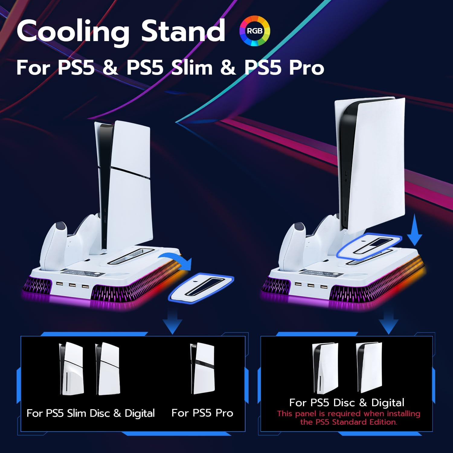Mcbazel Cooling Charging Dock for PS5 Slim/Pro, Multifunctional Vertical Stand with RGB Cooling Fan,Dual Controller Charger,Headphone Holder,3-Speed Adjustable Fans for PS5 Console image number 2