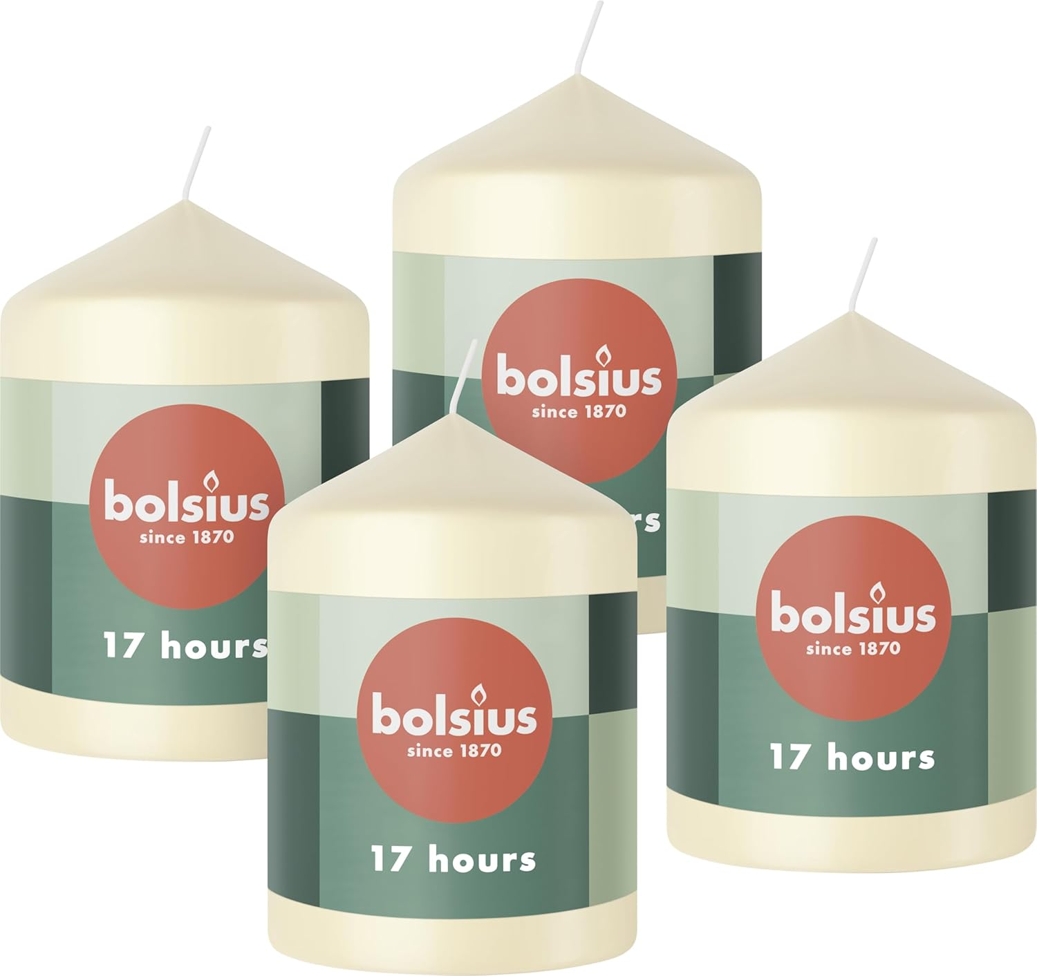 Bolsius Pillar Candles - Green - 4-Pack - 8 X 6 Cm - Decorative Household Candles - Long Burning Time of 17 Hours - Unscented - Includes Natural Vegan Wax - without Palm Oil