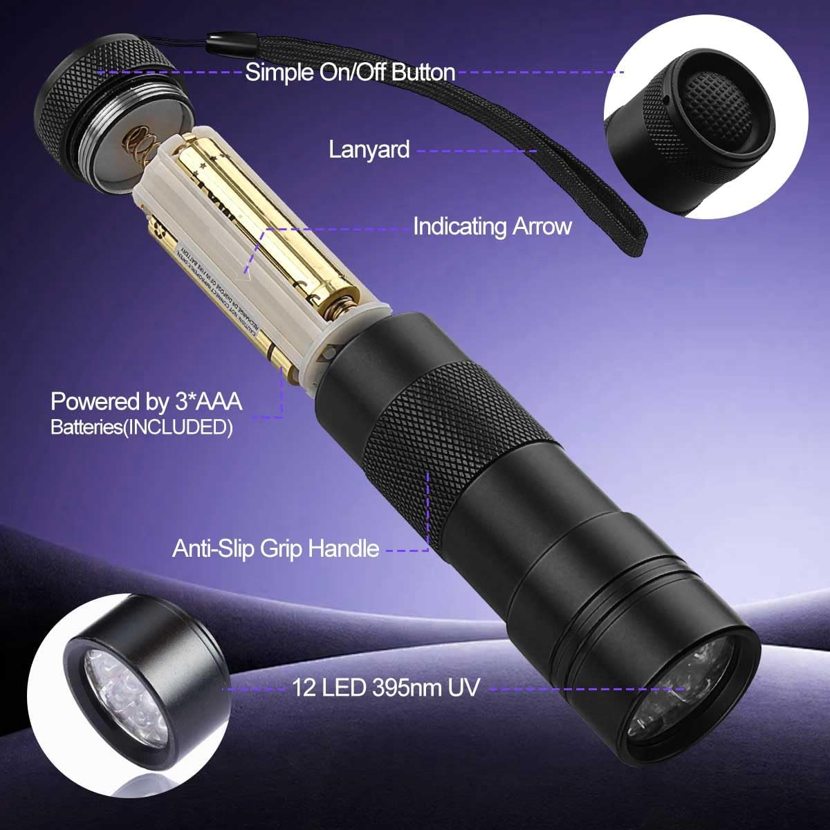U&zwnj;V Torch,T Tersely 12 LED 395Nm UV Blacklight Flashlight,Pet Urine Detector for Dog/Cat, Dry Stains, Bed Bug, Invisible Ink, AAA Batteries Included&zwnj; image number 6