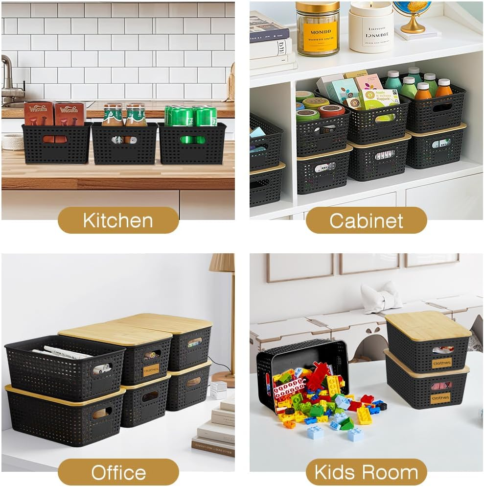 Vivva 6 Pack Plastic Storage Baskets with 30Pcs Labels Bamboo Lid Containers Stackable Bins Basket for Organizing Shelves Drawers Desktop Closet Playroom Classroom Office (Black) - White image number 6