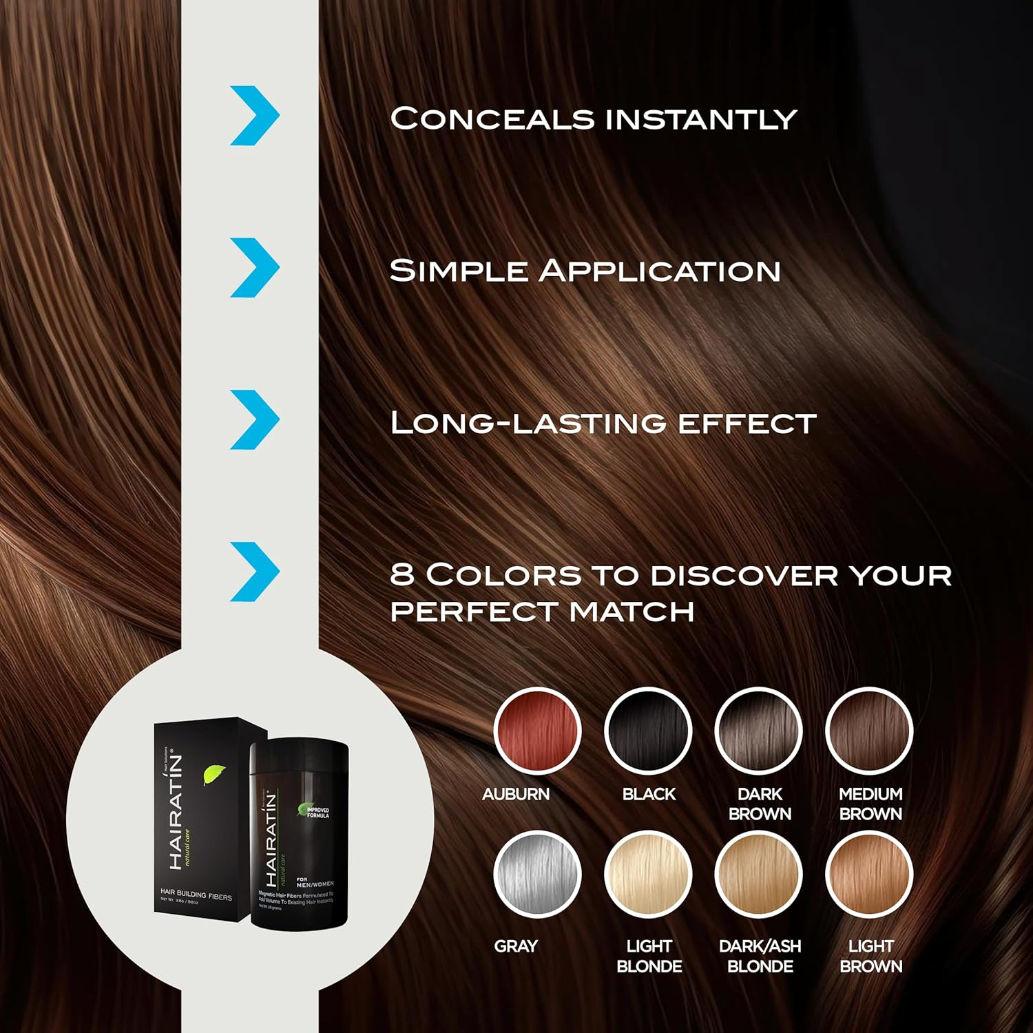 HAIRATIN Building Fibers for Thinning Hair, Medium Brown, 28G - Achieve Fuller, Natural Looking Results, Instantly Conceals Hair Loss in 10 Seconds, Thickener & Bald Spot Cover up for Men & Women image number 2