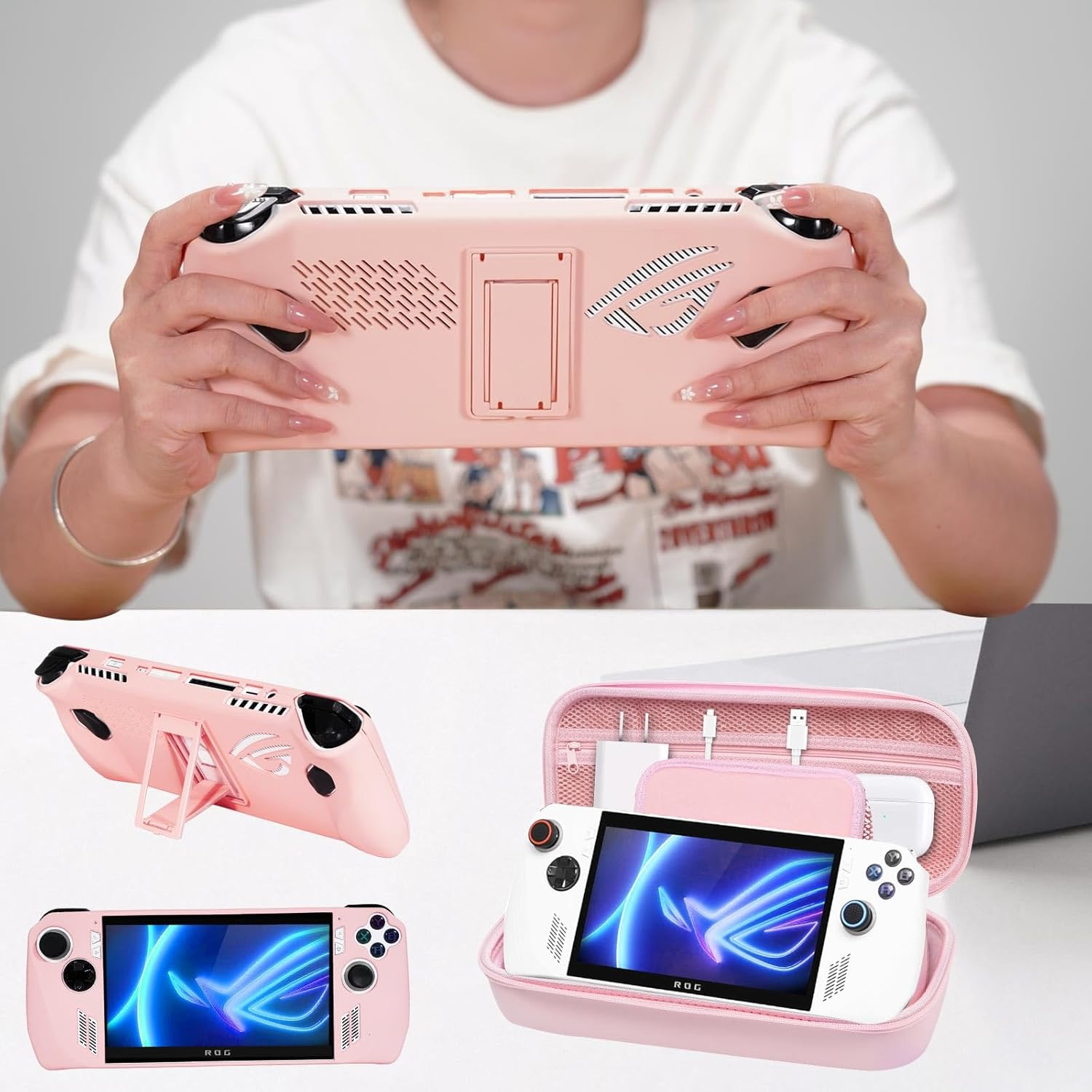 GUTIAL Accessories Kit for ASUS ROG Ally 2023 - Accessories Bundle for ROG Alloy Gaming Handheld with Carrying Case Protective Cover Case and 2 Pack Screen Protector, 6 Thumb Grips - Pink image number 1