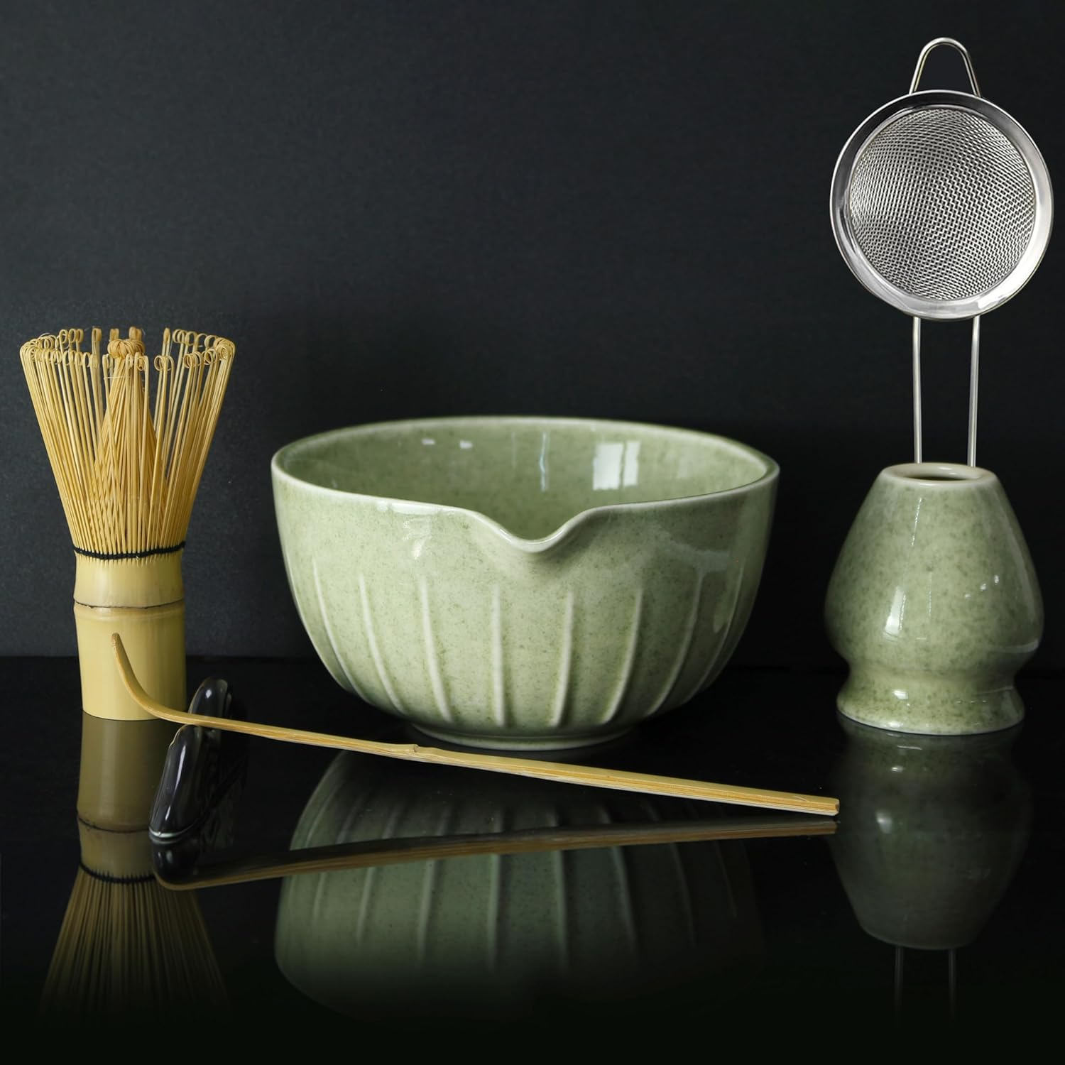 Traditional Japanese Matcha Tea Ceremony Set, 7-Piece Premium Ceramic Bowl and Bamboo Whisk Kit, with Scoop, Holder, Sifter, Rest, Tea Towel (Green)
