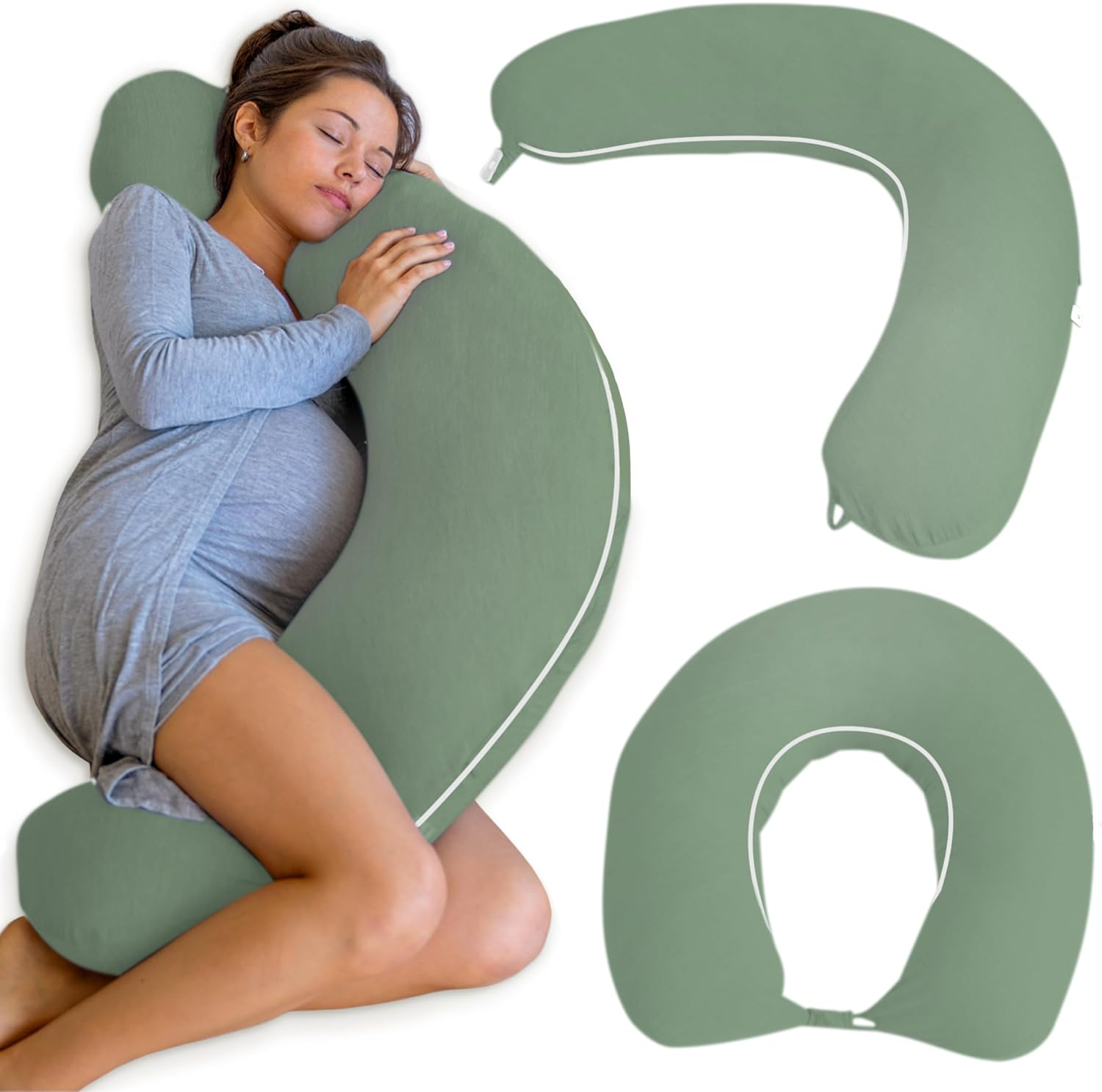 Pharmedoc Crescent Pregnancy Pillows - Body Pillow for Adults - Side Sleeper &ndash; Maternity and Nursing Pillow Breast Feeding - Pregnancy Must Haves - Sage with Piping image number 5