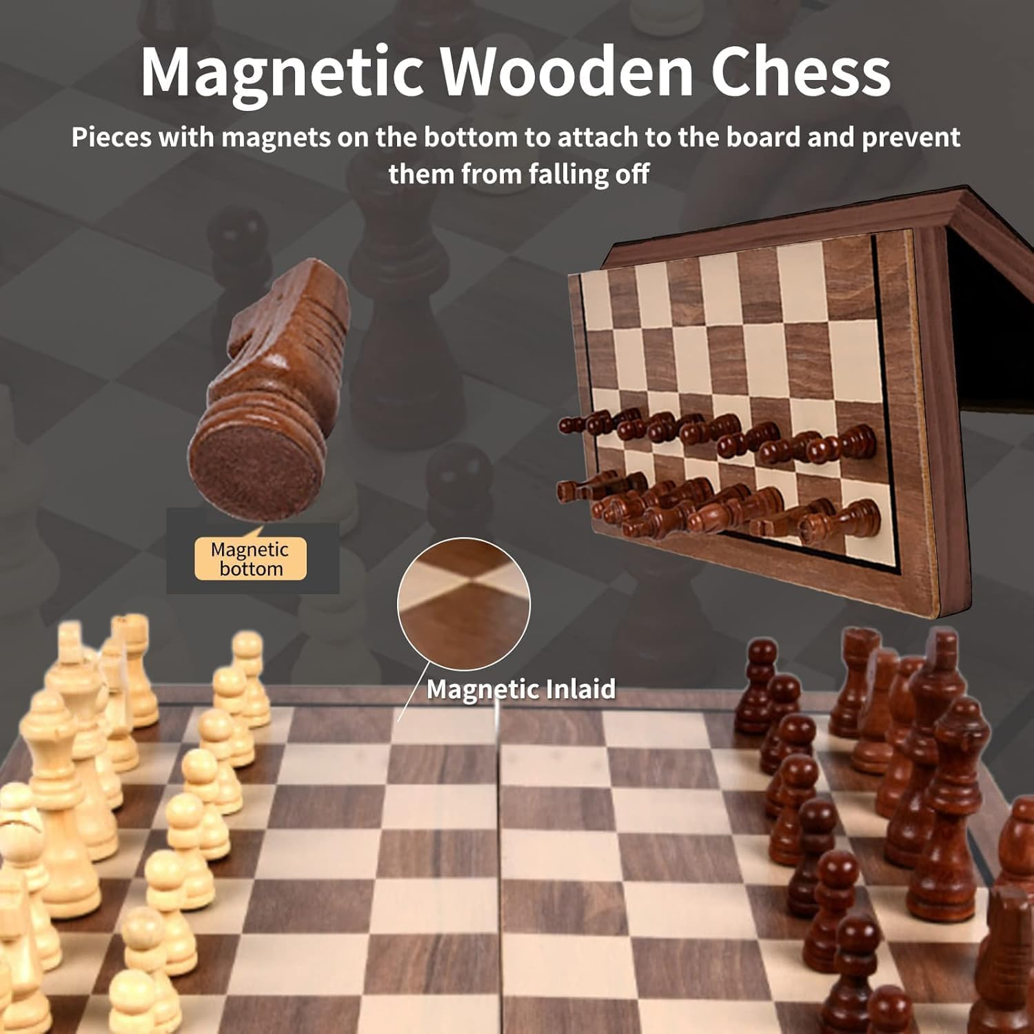 11.4 Inch Chess Sets, Magnetic Wooden Chess Set, Board Game for Adults and Kids, with 24 Cherkers Pieces Extra & 2 Extra Queens,Portable Travel Chess Board Game Sets image number 4