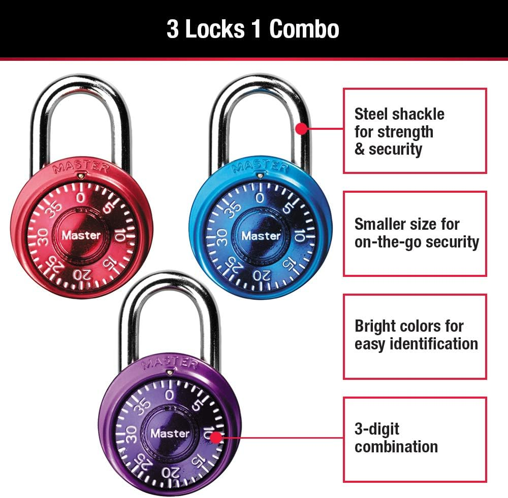 Master Lock 1533TRI Locker Lock Mini Combination Padlock, 3 Pack, Assorted Colors image number 5