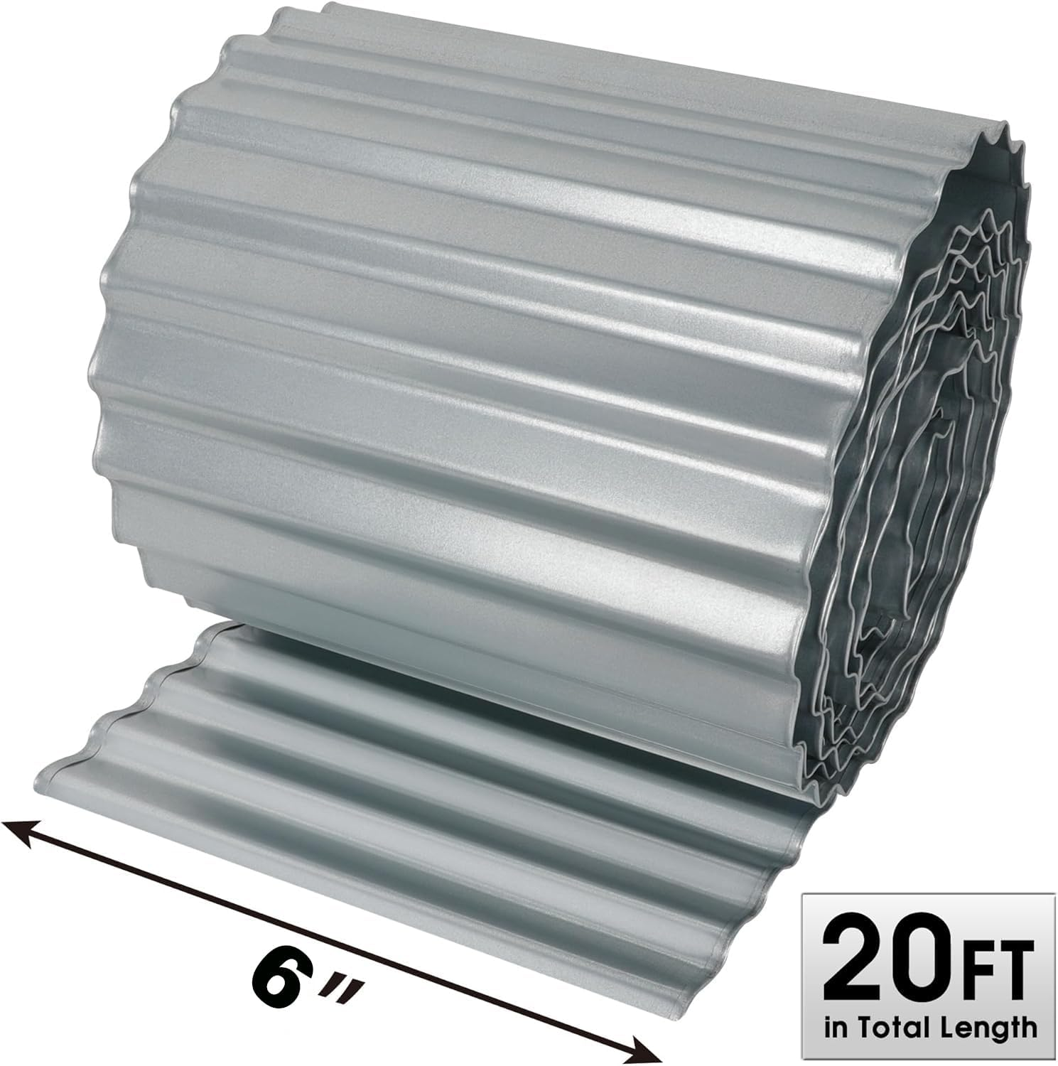 AUTENS 20Ft Corrugated Metal Garden Edging, Metal Landscape Edging for Lawn, Flower Bed, Garden Fence, Paver Edging, Flower Bed Border Flexible Curred or Cut as Needed (Silver, 20Ft*6Inch) image number 1