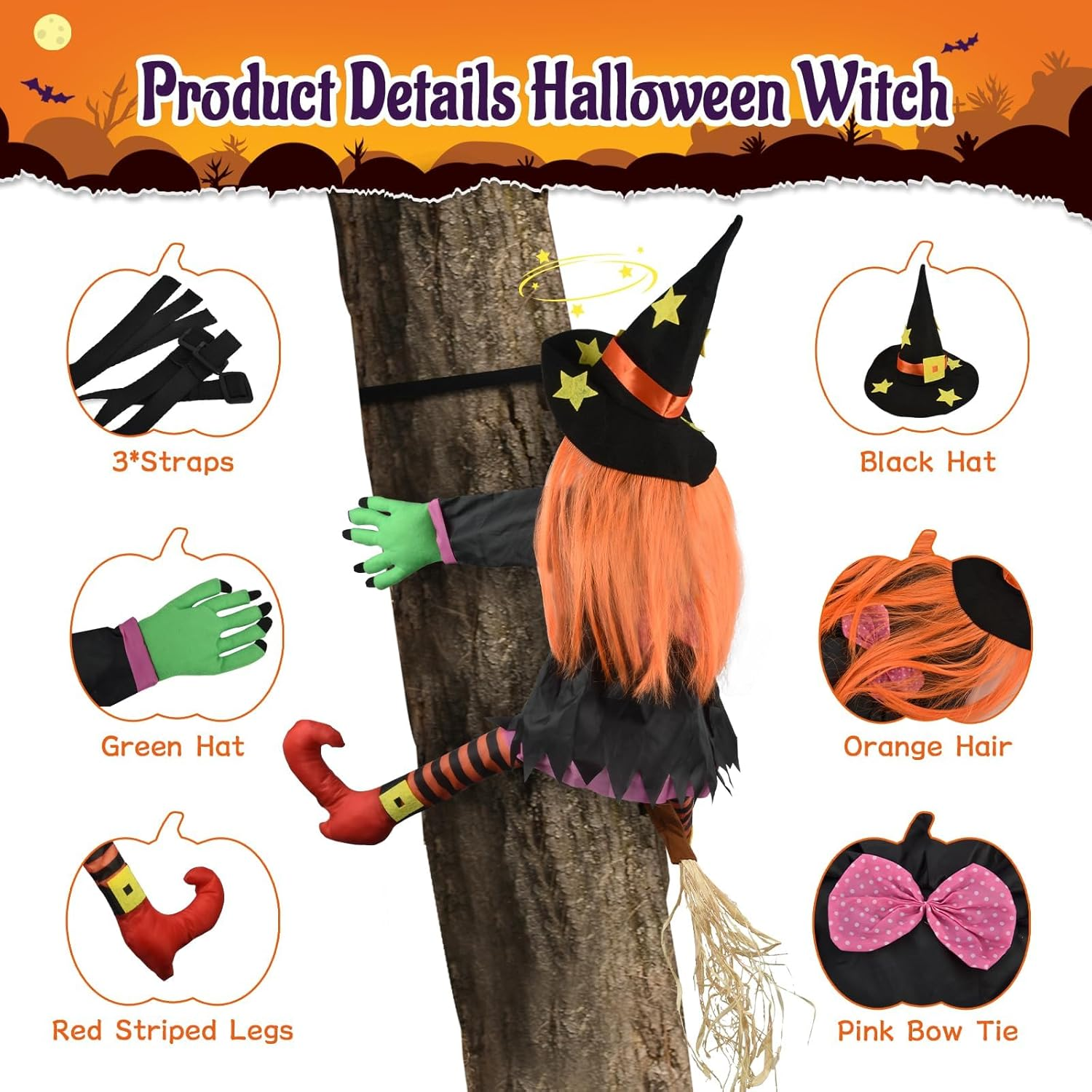 ZATMRA Crashing Witch Halloween Decorations Outdoor: Halloween Crashed Witch into Tree Hanging Props outside Ornaments Halloween Funny Cute Flying Crashed Witches for Door Porch Pole Garden Yard Decor image number 4