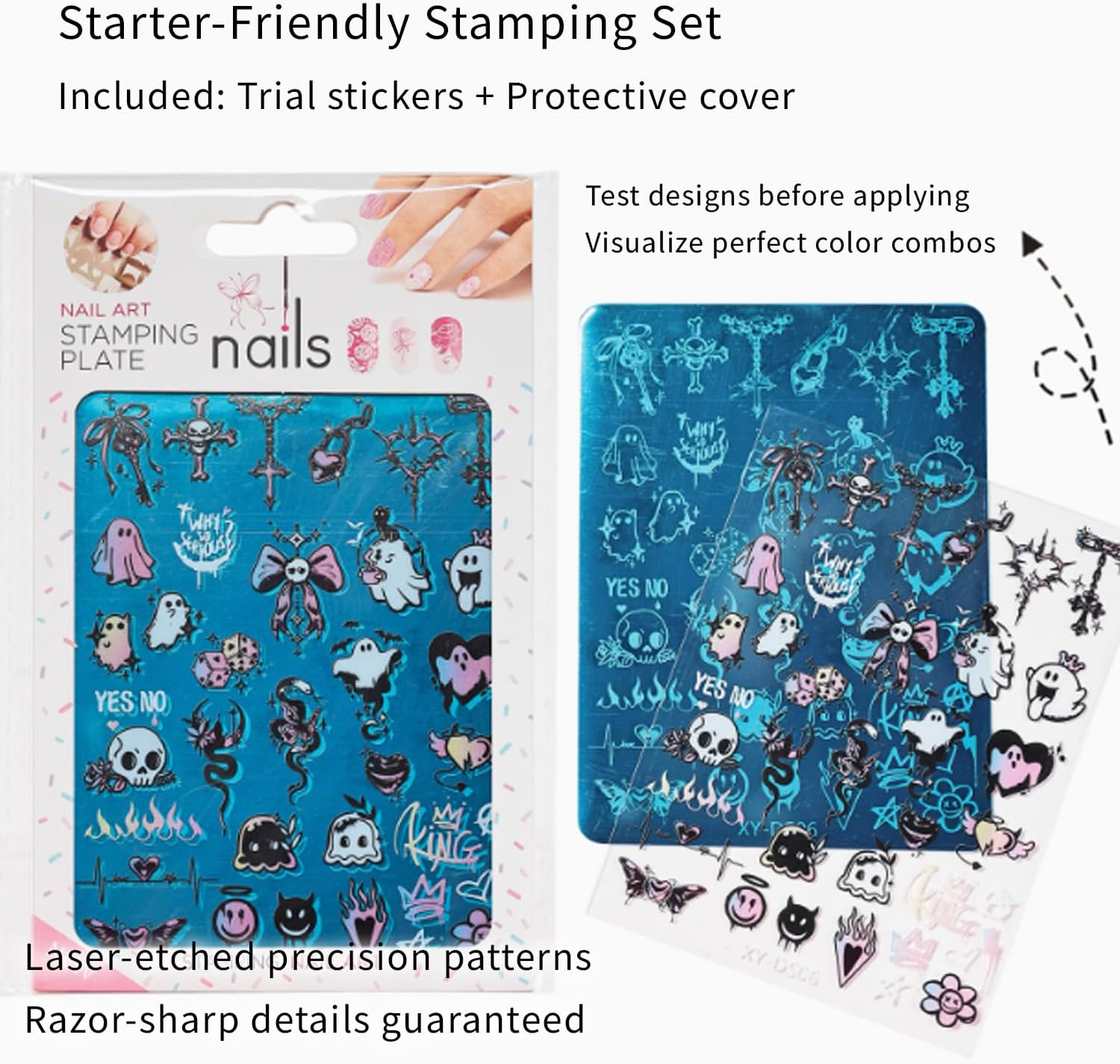 4Pcs Gothic Cute Nail Stamping Plate Set - Dark Kawaii Nail Art Templates, Stainless Steel Spooky Sweet Nail Stamp Plates with Skull & Lace Patterns for DIY Manicure Printing Tools image number 2