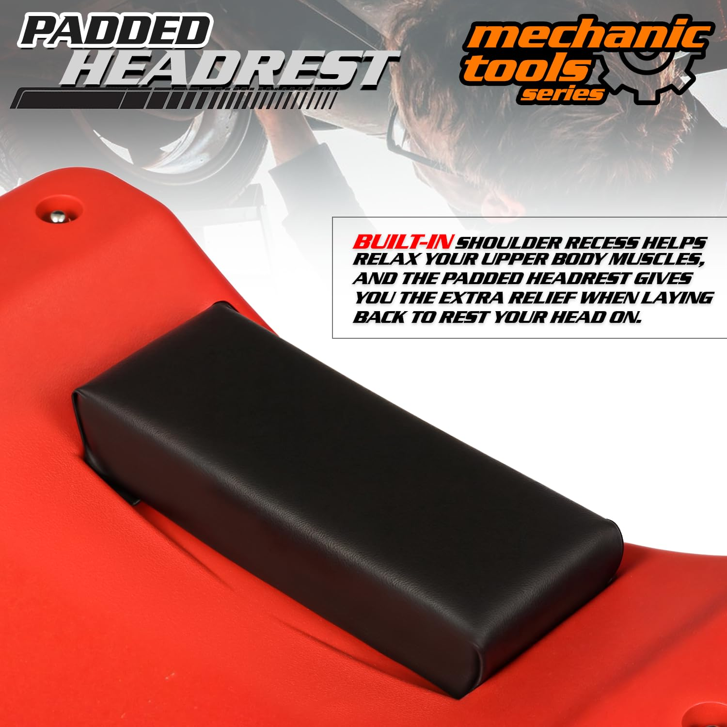 M-AUTO Plastic Rolling Garage Creeper with Padded Headrest 36" Light Weight Automotive Creeper Mechanic Cart with Dual Tool Trays and Noiseless Casters, Red image number 5