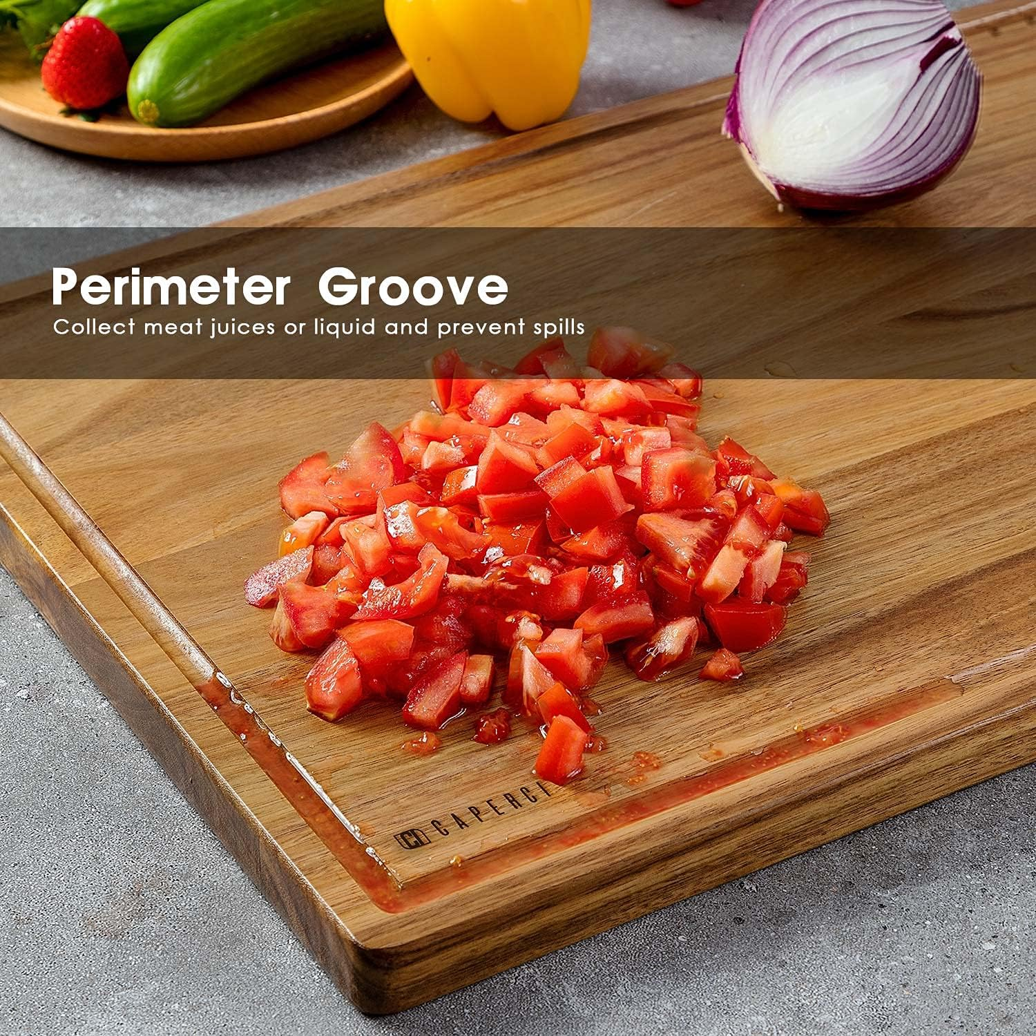 Extra Large Reversible Wood Cutting Board with Juice Groove - Caperci Better Kitchen Acacia Wood Edge Grain Chopping Board for Meat Cheese and Vegetables (XL 20 X 14 '') image number 5