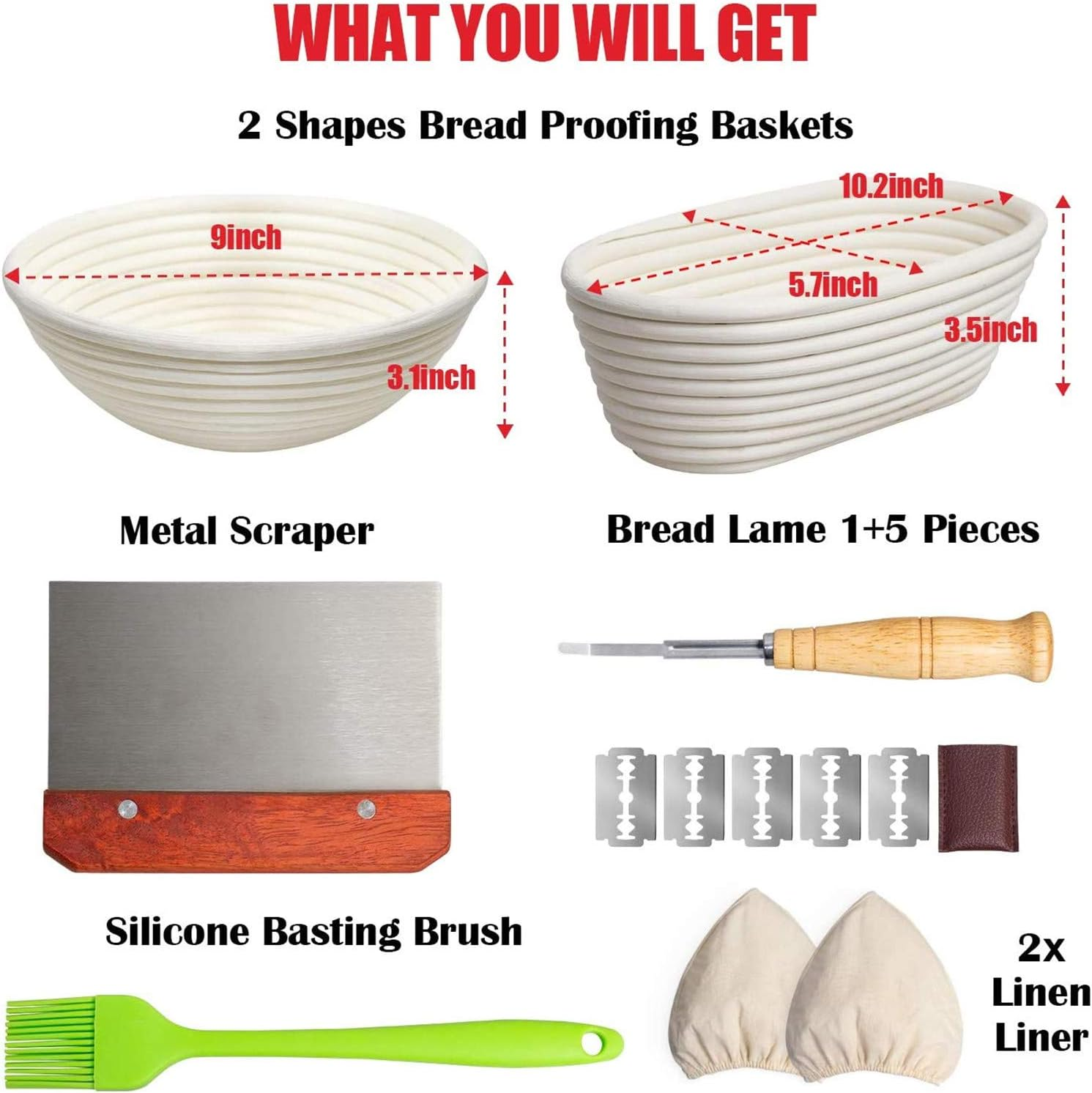 Bread Proofing Basket, Set of 2, 9 Inch round and 10 Inch Oval Banneton Sourdough Baskets with Bread Lame + Dough Scraper + Linen Insert + Pastry Brush for Bread Making, Baking Fermentation image number 4