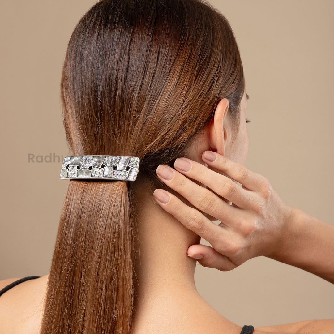 Radhu & Kabby Metal Barrette Hair Clip for Women | Stylish French Hair Barrettes for Girls | Durable Hair Clips | Matte Black Colour with Crystal Embellishments | One Piece image number 2
