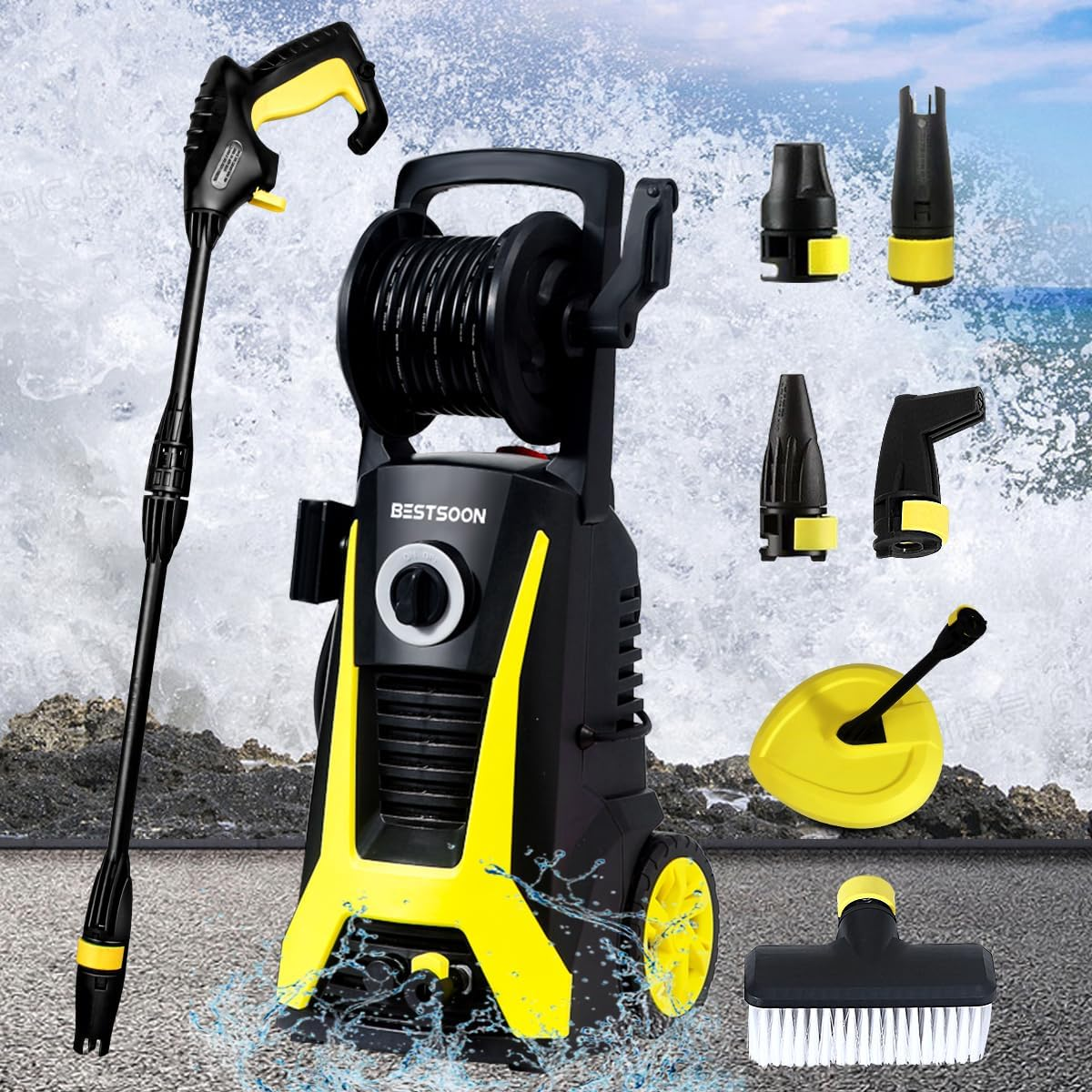 Bestsoon 3600PSI High Pressure Washer, 2200W Electric Power Washer with Spray Gun and Hose Reel, 8M Hose, 6 Nozzles, Brush Head/Rotary Floor Cleaner, Idear for Cleaning & Washing image number 5