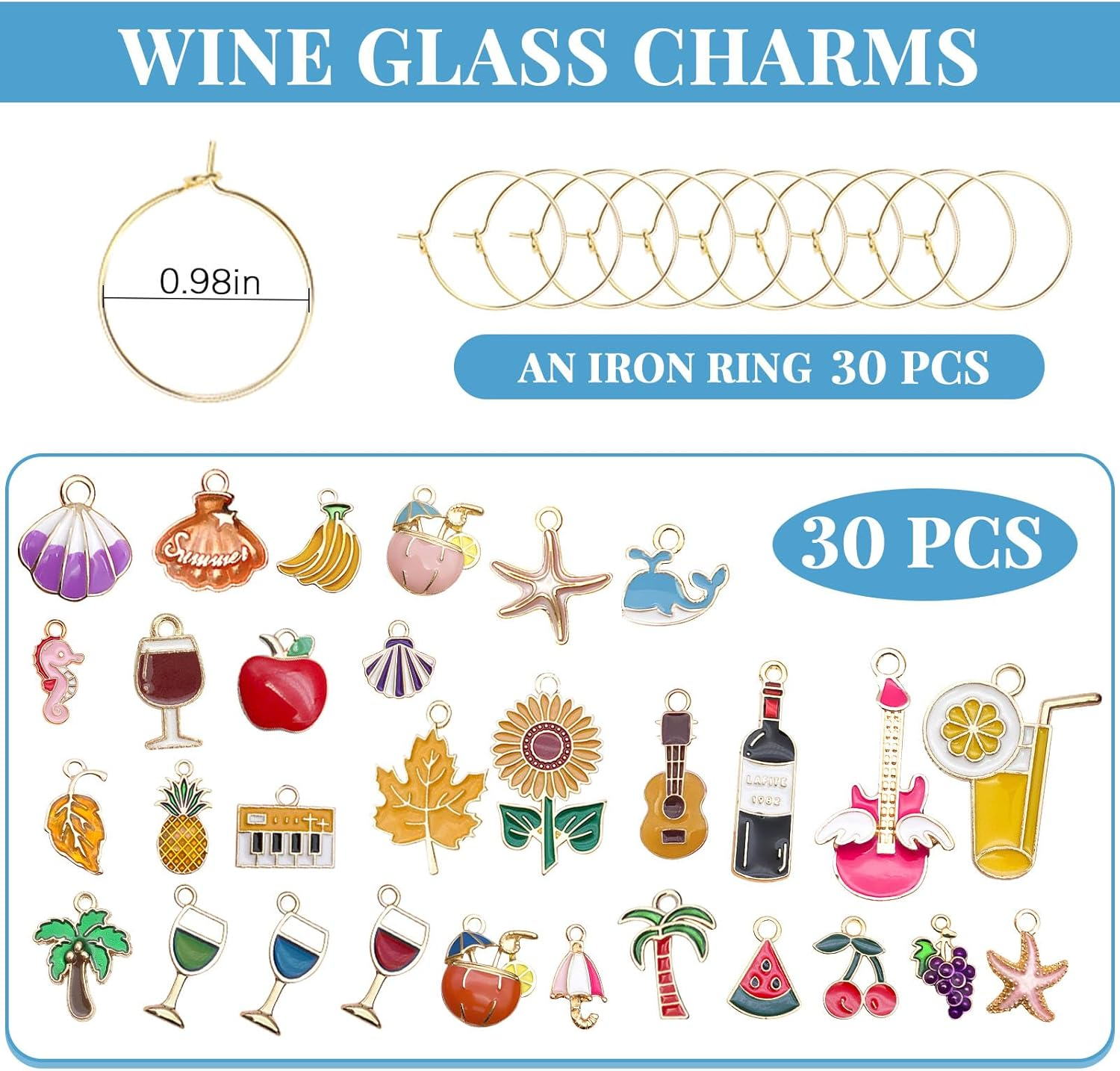 30Pcs Wine Glass Charms, Wine Charms for Stem, Glasses Markers with Gold Rings, Beach Style Drink Identifier Tags for Party Supplies, Wine Tasting image number 5
