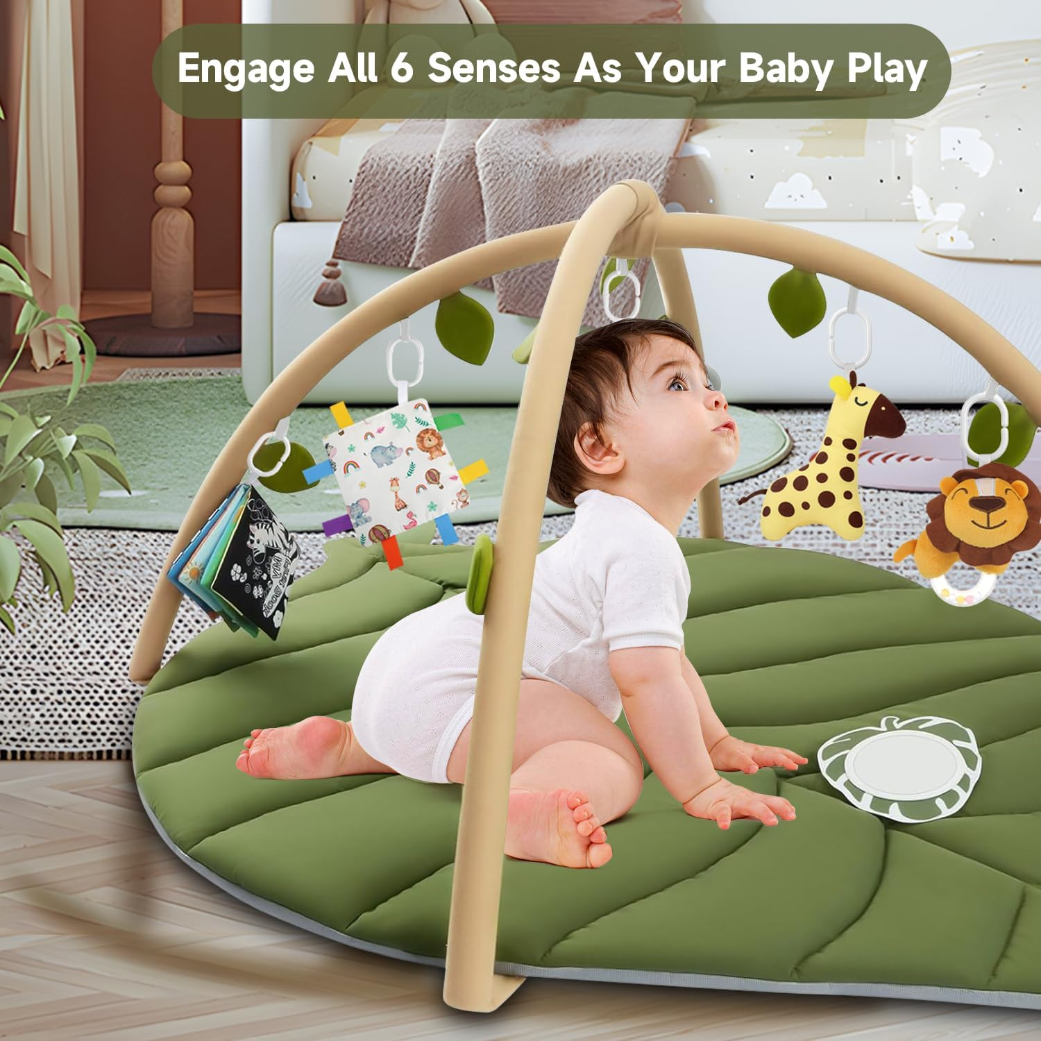 Baby Play Gym Baby Play Mat, Leaf Shaped Baby Mat with 6 Detachable Toys, Tummy Time Mat High Contrast Toys & Self-Discovery Mirror image number 5