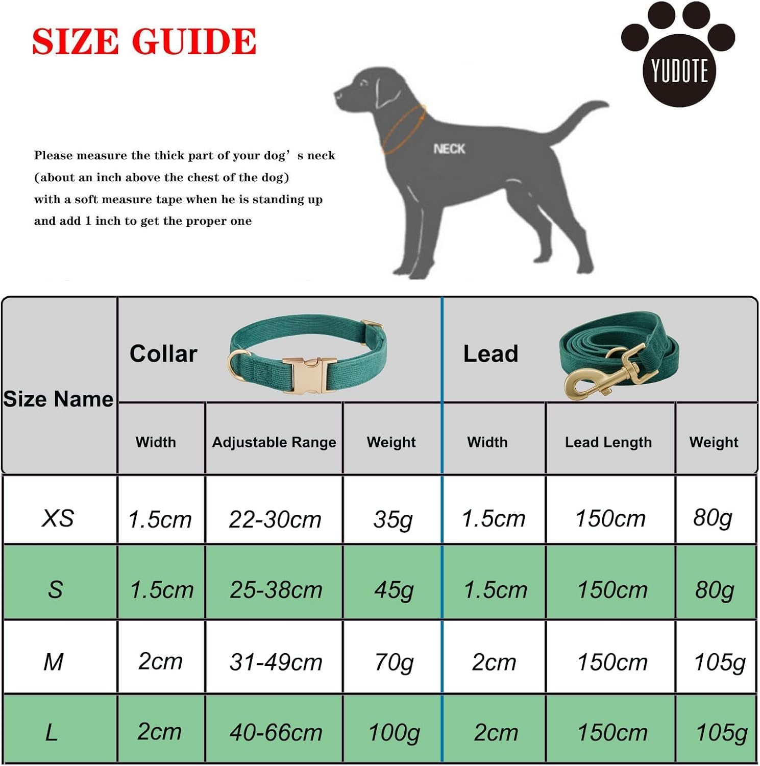 YUDOTE Dog Collar and Lead Set Small,Soft Non-Irritant Corduroy Collar Leash Matching Combo for Daily Walking,Green image number 1