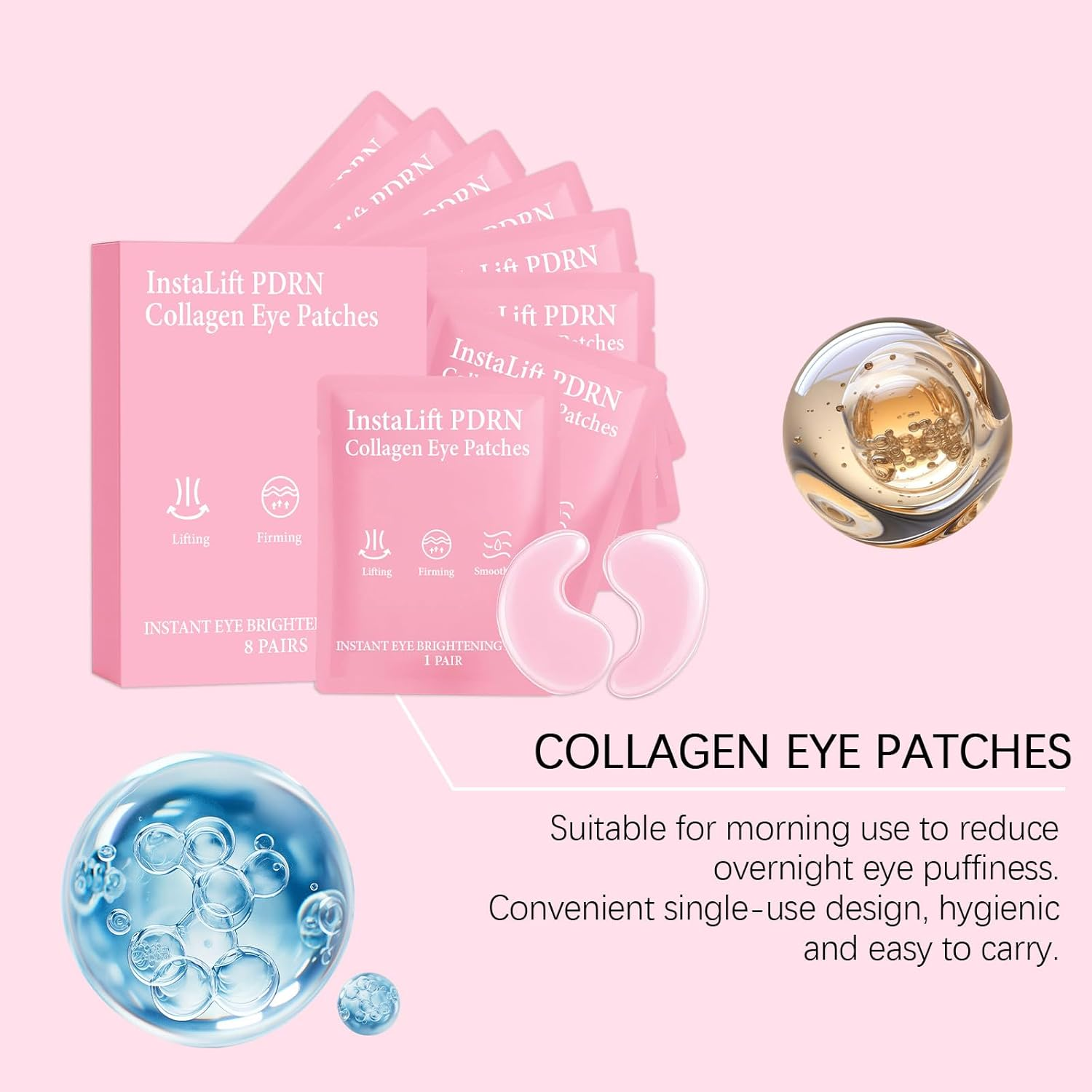 Instalift PDRN Collagen Eye Patches, Firming Lifting under Eye Masks for Puffiness and Dark Circles, Smoothing Hydrating Gel Pads for Tired Eyes, Eye Brightening Care with Collagen & PDRN (1Box) - 4Boxes image number 6