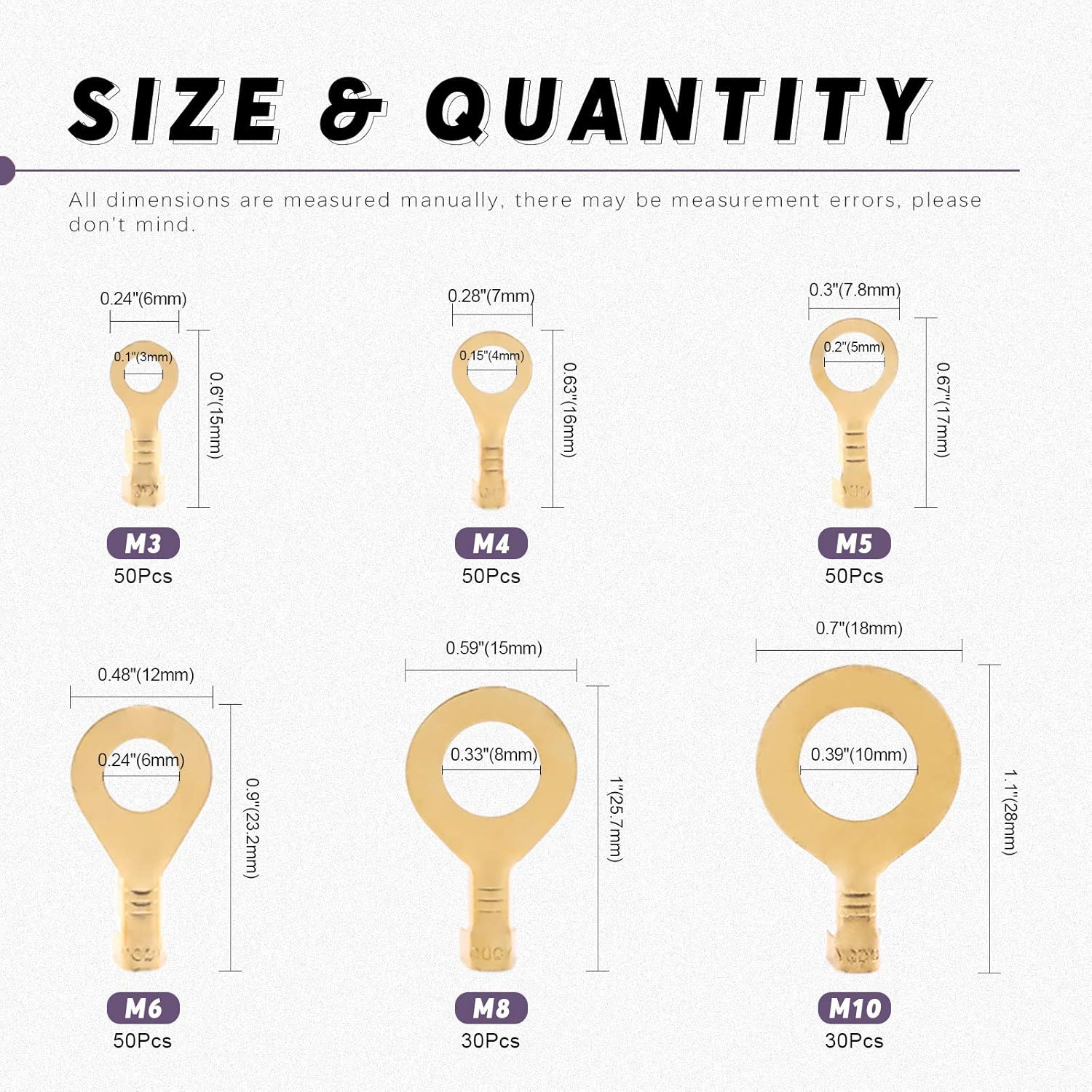 Swpeet 240Pcs Gold M3 M4 M5 M6 M8 M10 Non-Insulated Open Barrel Wire Crimp Copper Terminal Connerctor Kit, O-Type Ring Lugs Crimp Cable Terminal for Crimp Solid Wires or Stranded Wires image number 5