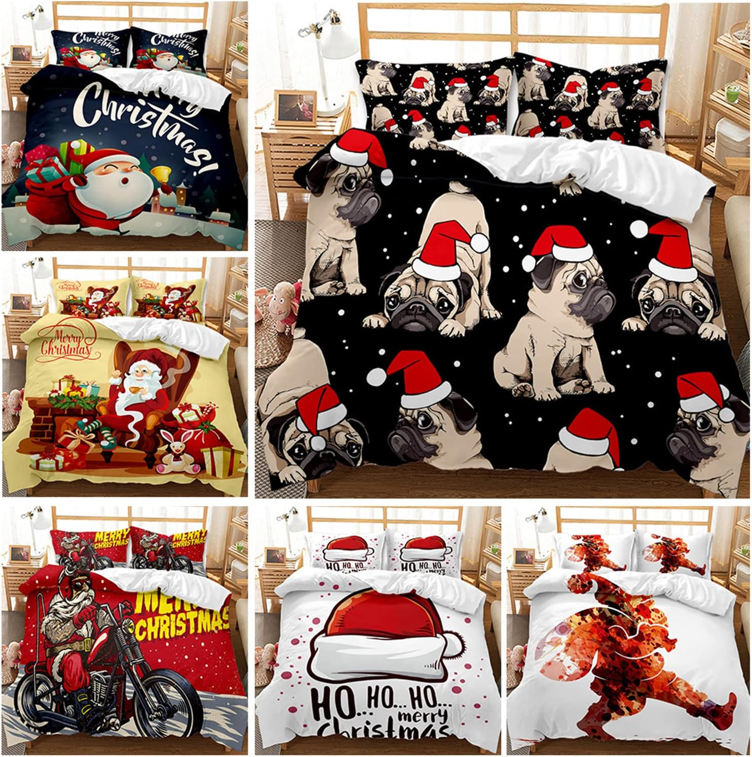 Eveone Christmas Duvet Cover Quilt Cover Single/Double/Queen/King Size Bed Sheets Pillowcase Set Festival Atmosphere New Year Eve Santa Claus Elk Cartoon Gift Bedding 3/4PCS (Queen-210*210Cm-3Pcs,3)