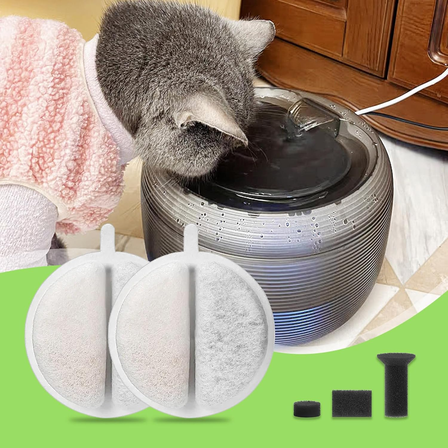Cat Fountain Filter, Pack of 15 Replacement Filters with Resin Activated Carbon, Drinking Fountain Filter with 15 Replacement Sponge in 3 Shapes, Filter for Cat Fountain for 84FL Oz/2.5 L Drinking image number 2