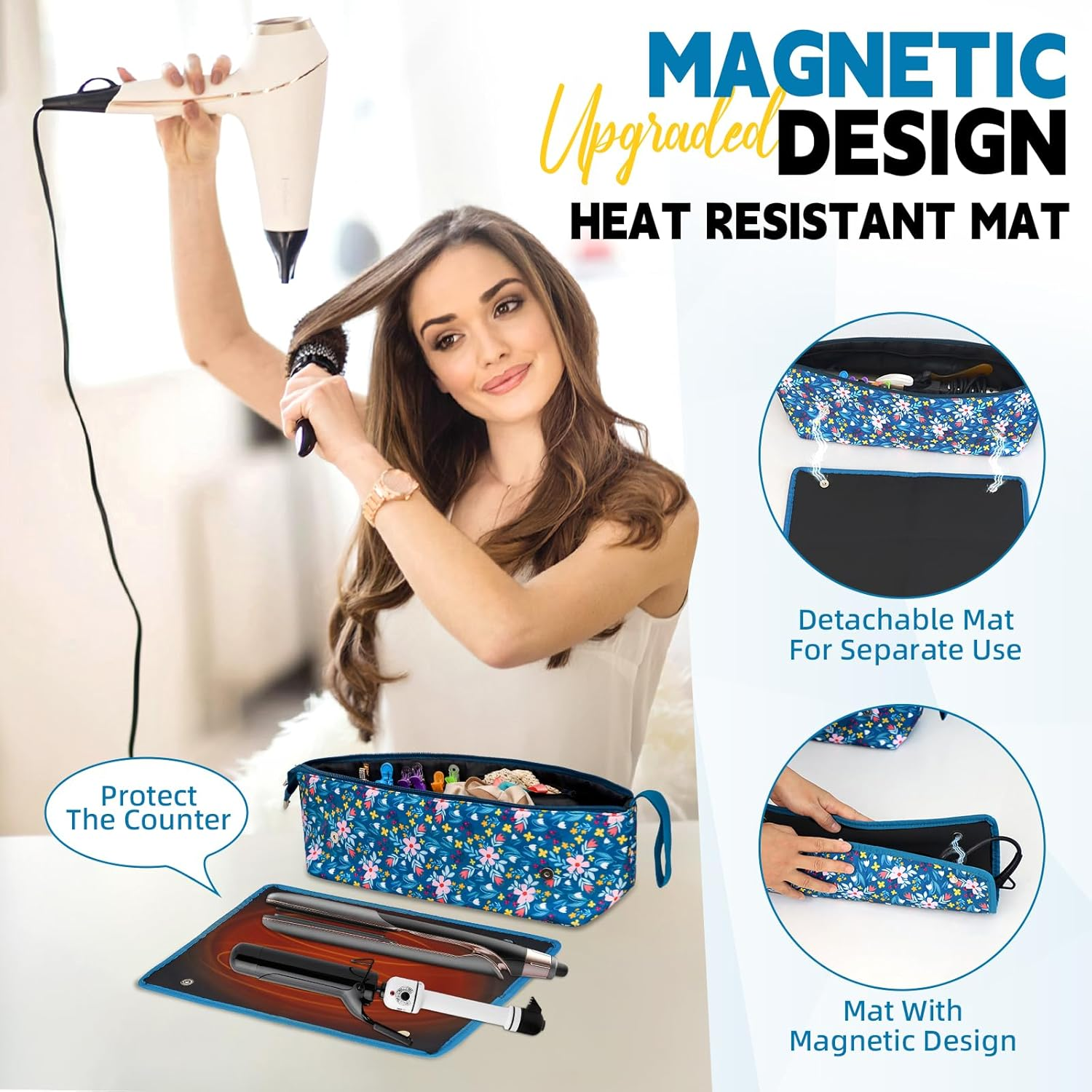 Hair Tools Travel Bag with Removable Heat Resistant Mat,2-In-1 Hair Accessories Organizer Bag for Travel，Portable Travel Carrying Bag for Hot Tools, Flat Irons, Straighteners, Curling Iron,Hair Dryer