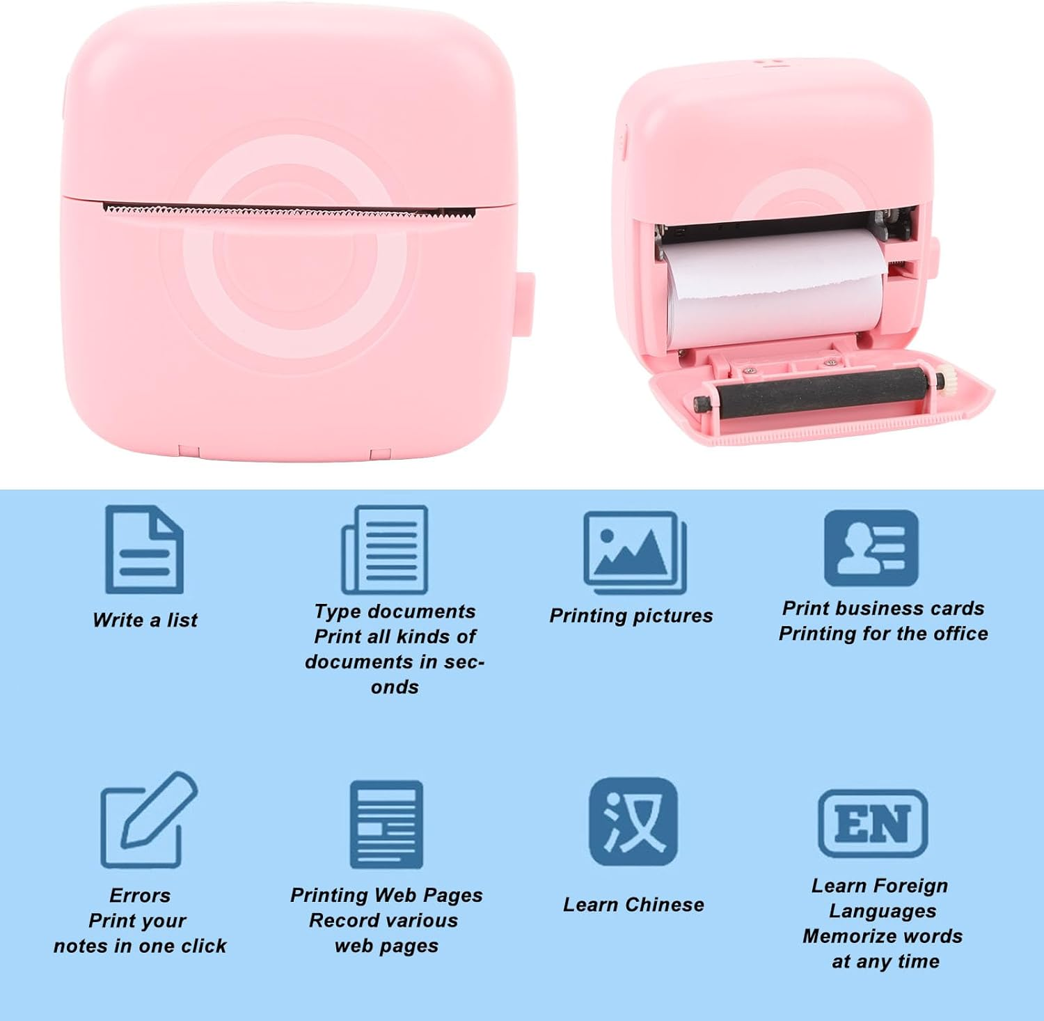 Pocket Thermal Printer, Portable Bluetooth Wireless Label Printer with APP (For Ios & Android) for Notes Journal Memo Photo Study for Kids Students (Pink) image number 5
