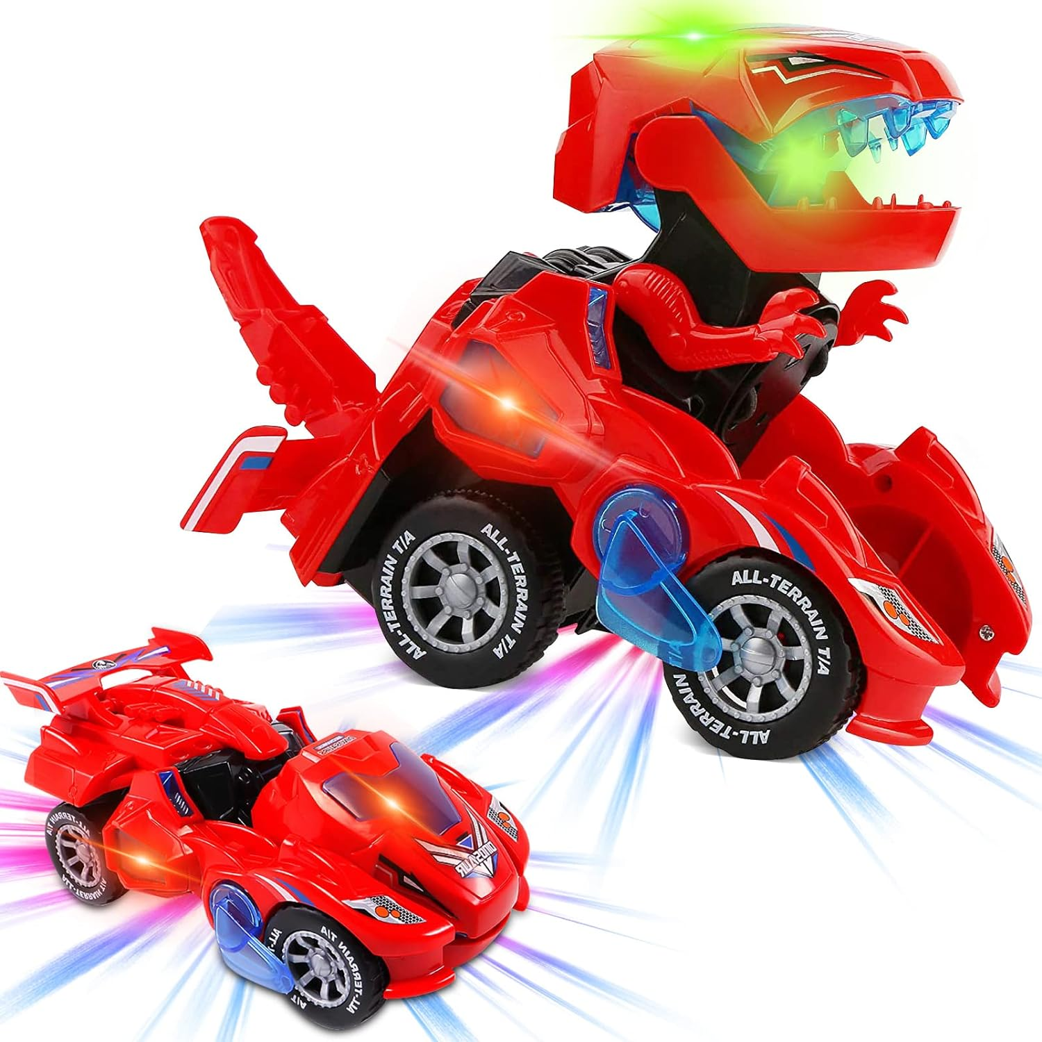 Transforming Dinosaur LED Car with Light and Music, Dinosaur Toys for Kids 3-5-7, Dino Toy Cars Christmas Birthday Gifts for Toddlers Boys Girls (Red) image number 6