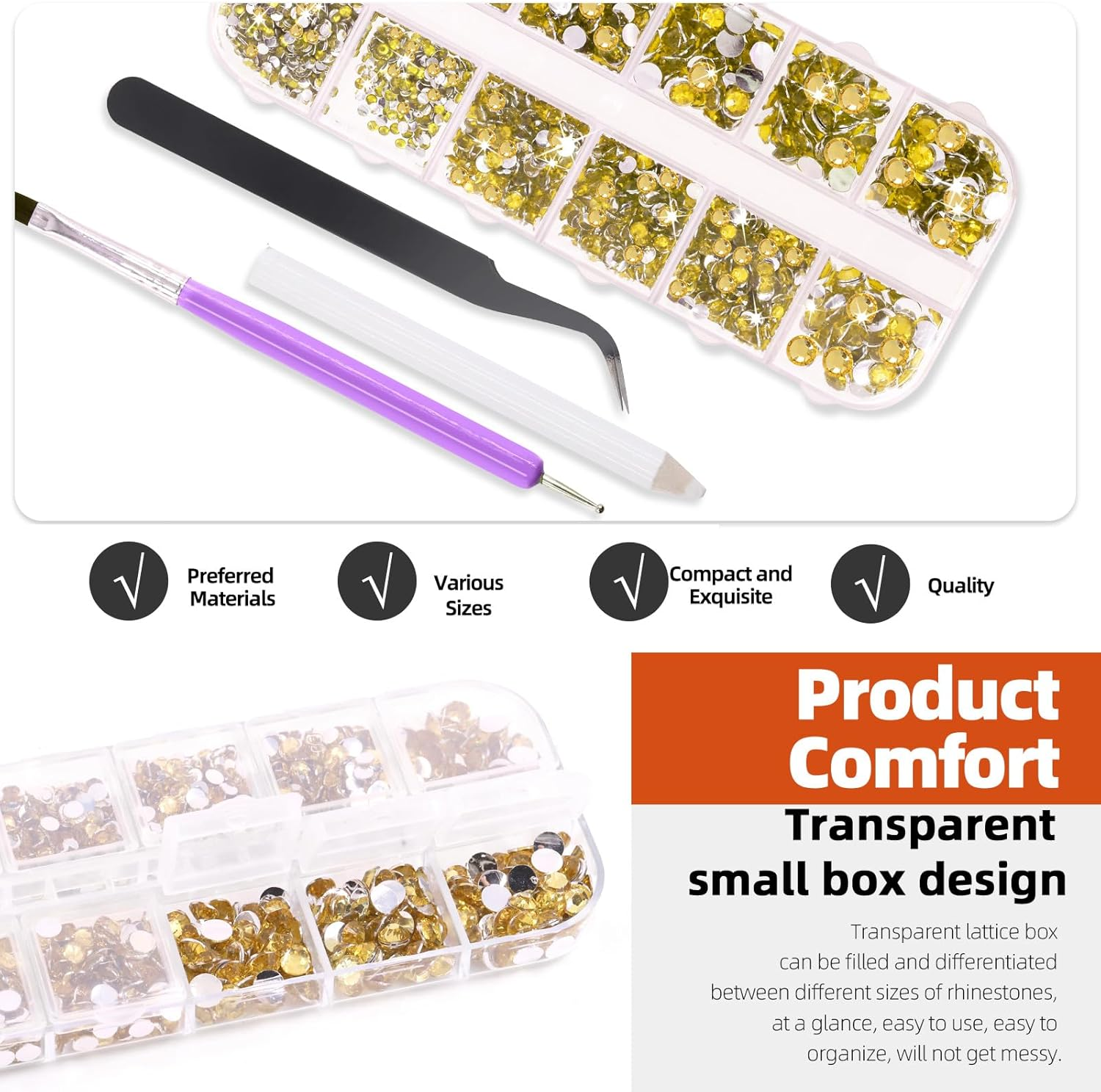 Tanstic 2606Pcs Flat Back Gems Rhinestones Kit, 2/3/4/5Mm Yellow Crystal Rhinestones with B7000 Glue, Tweezer, Picker Pen Dotting Tool for Nail Clothes Shoes Bags DIY Art