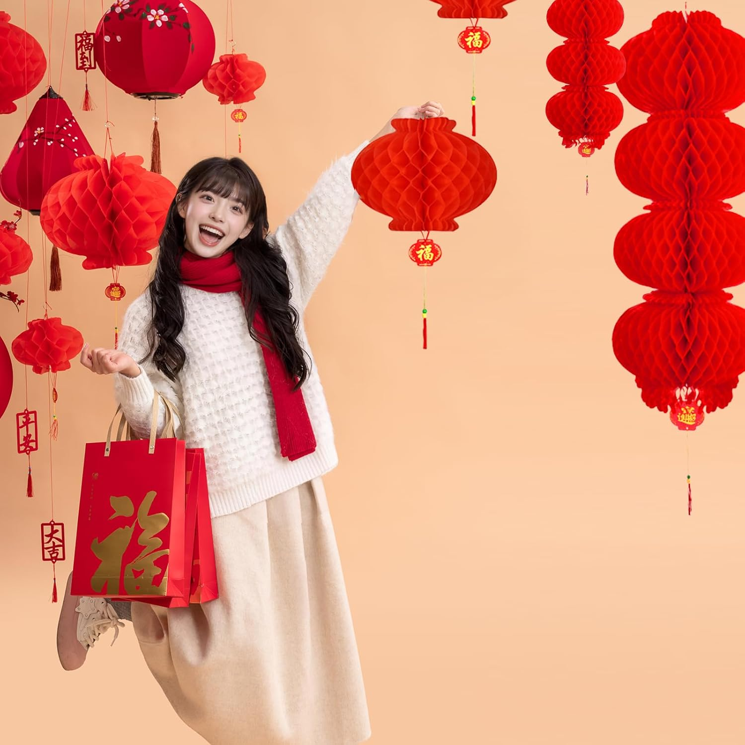 Viiotu 18 Pcs 11.8 in Red Paper Lantern,Chinese New Year Lanterns,Red Lantern,Red Lantern Decorative,Chinese New Year Decorations image number 1