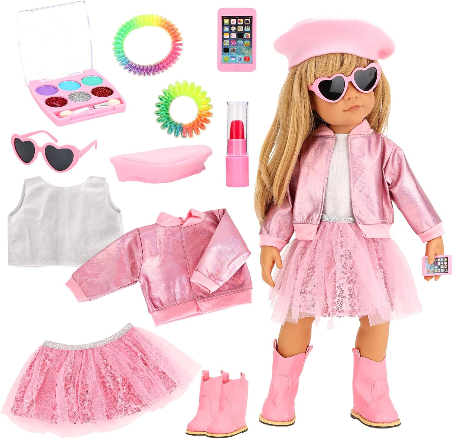 Barwa 11 Pcs American 18 Inch Girl Doll Clothes & Accessories Include Beret T-Shirt Jacket Skirt Boots Phone Doll Makeup Playset Eye Shadow Lipstic for 18 Inch Girl Dolls (NO Dolls) image number 4