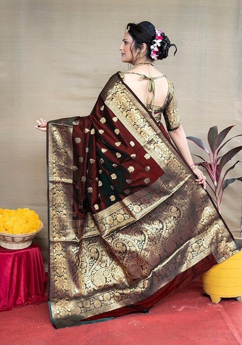 C J Enterprise Women Pure Banarasi Silk Kanjivaram Style Blouse Wedding Saree (Vruksh) image number 3