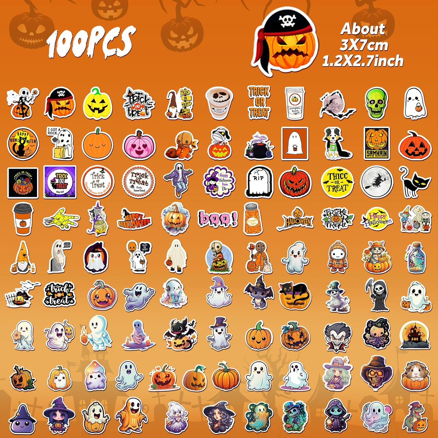 Bighan 100 Pcs Halloween Stickers Pumpkin Stickers for Kids and Adults, Halloween Horror Vinyl Stickers for Water Bottle Phone Laptop Stickers Halloween Party Decorations image number 3